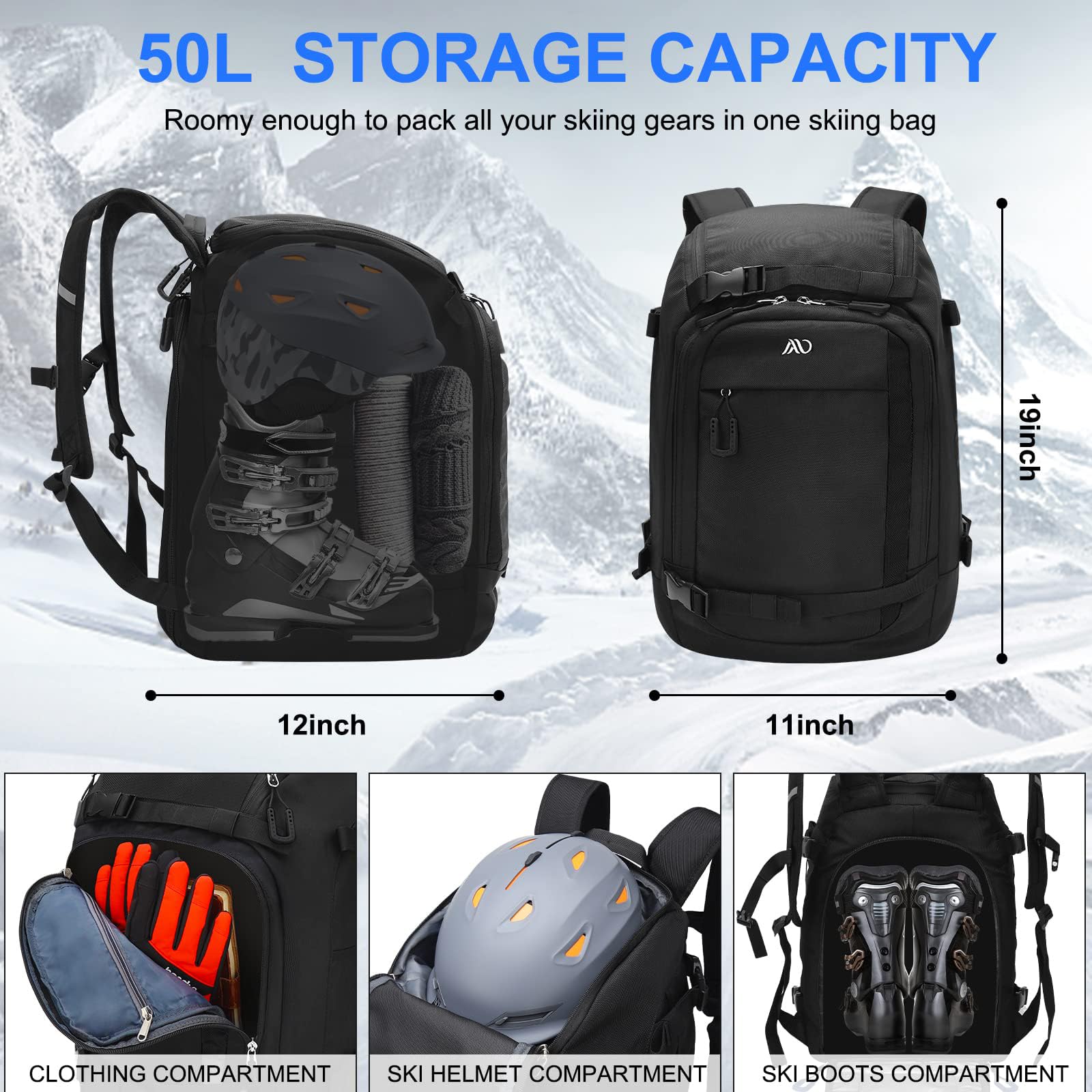 Skischuhtasche, 50 l, Skischuh-Reiserucksack, 1680D Nylon, wasserdicht, Skitasche für Skischuhe, Skihelm, Brille, Handschuhe, Bekleidung und Skiausrüstung, Zubehör für Männer, Frauen und Jugendliche,