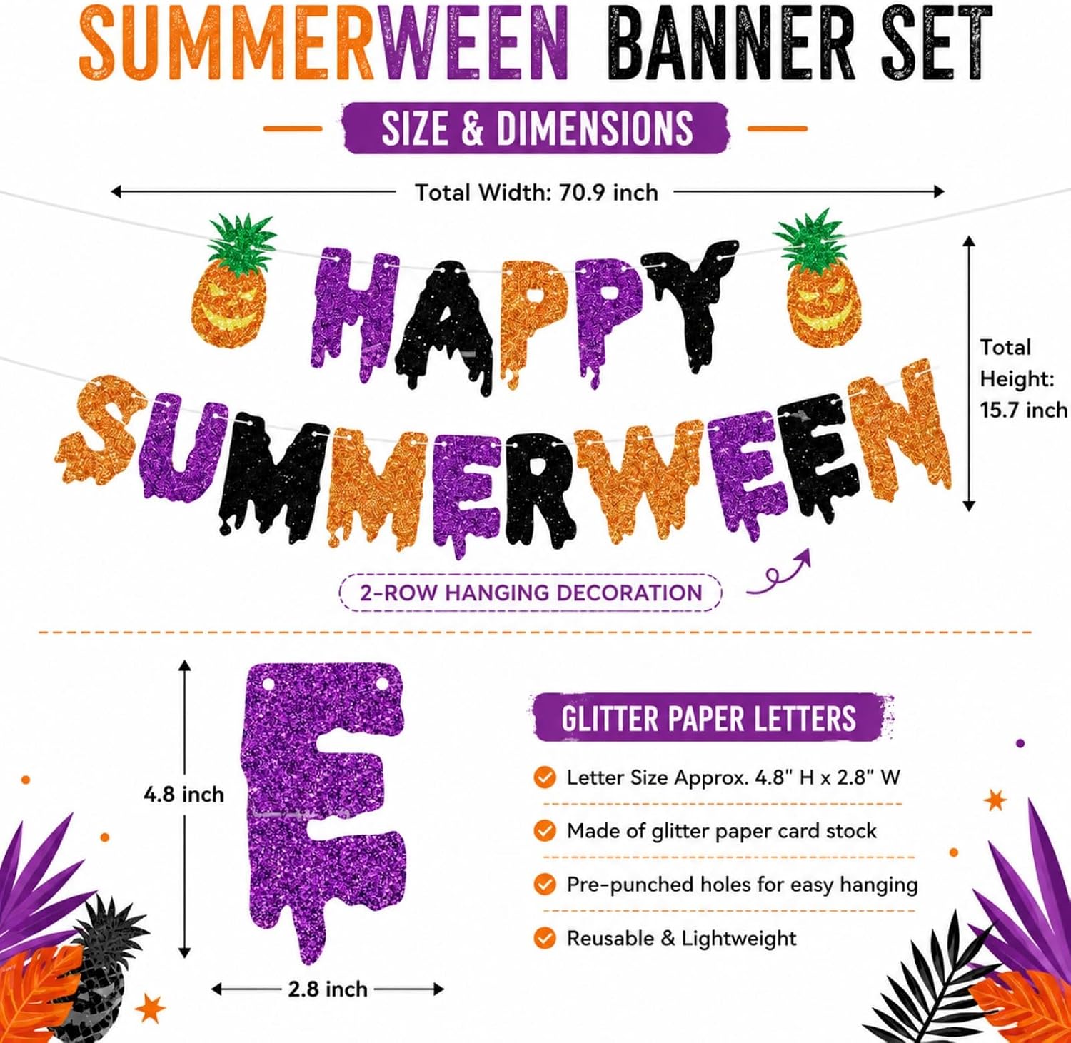 Glitter Summerween Decor Banner, Happy Summerween Party Decorations | Summerween party supplies for dessert tables, photo backdrops, wall decor, classroom parties