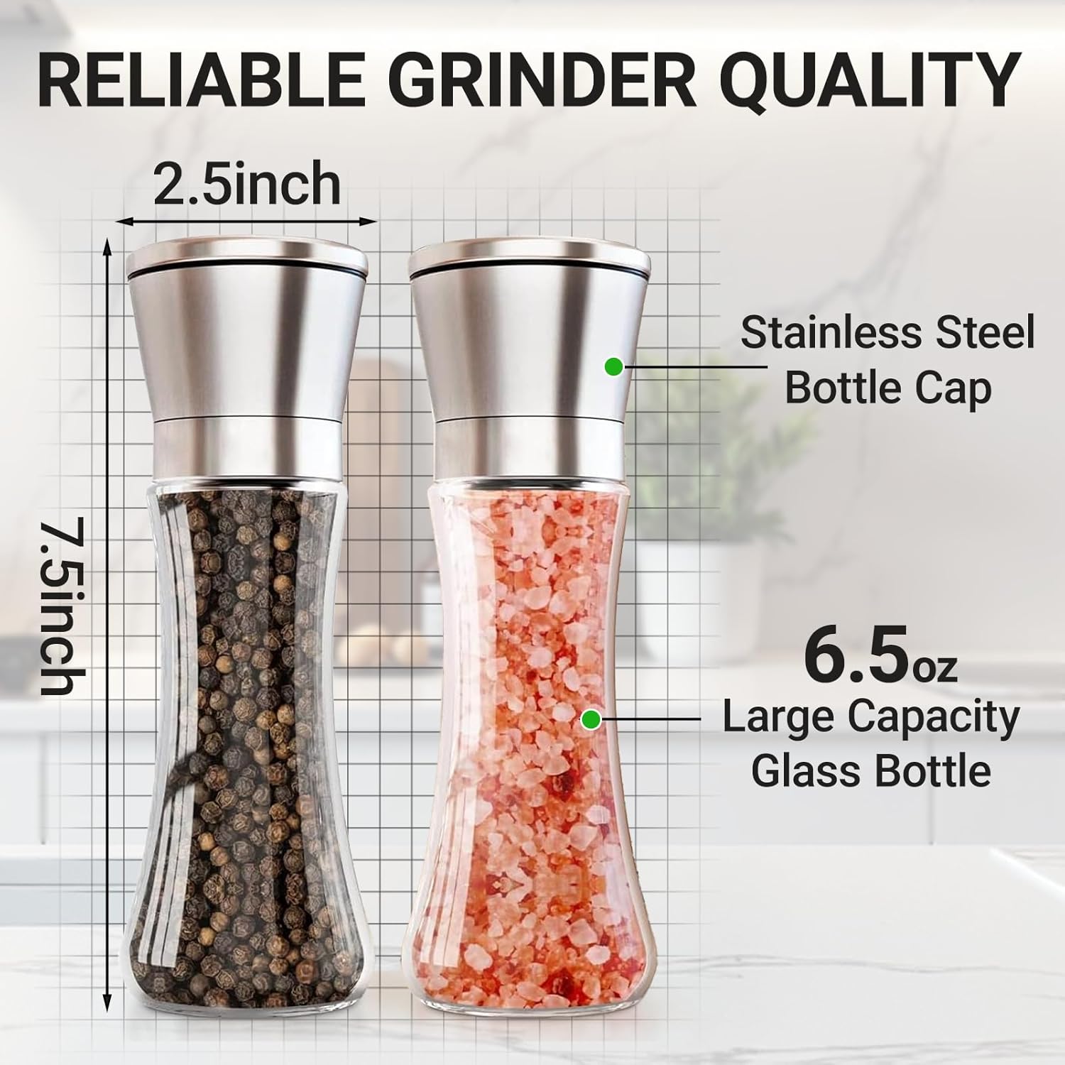Pepper and Salt Grinder Set of 4, Refillable Stainless Steel Mill with Adjustable Coarseness, Glass Body Spice Grinder for Pepper, Sea Salt, and Other Whole Spices - Ship from Local Warehouse