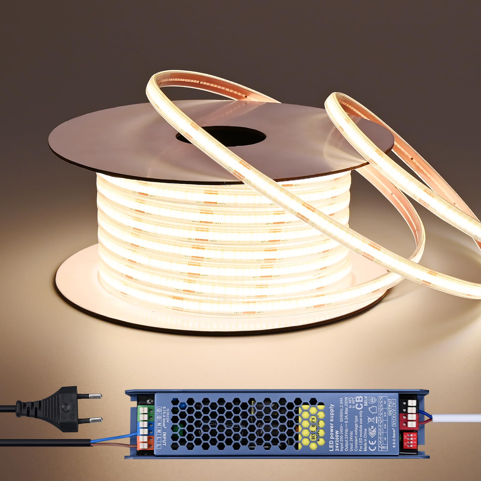 BENLUN Striscia LED COB 24V Esterno Impermeabile 20 Metri con Alimentatore | 4000K Bianco Naturale Kit Luci LED 7W/m 312LEDs/m CRI 93 senza Caduta di Tensione per Camera da letto, Cortile, Giardino