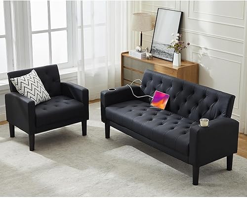 Miniatura 21 de TYBOATLE Juego de sofá de 2 asientos tapizado de mediados de siglo con 2 USB y 2 portavasos, juego de 3 muebles para sala de estar, sofás pequeños