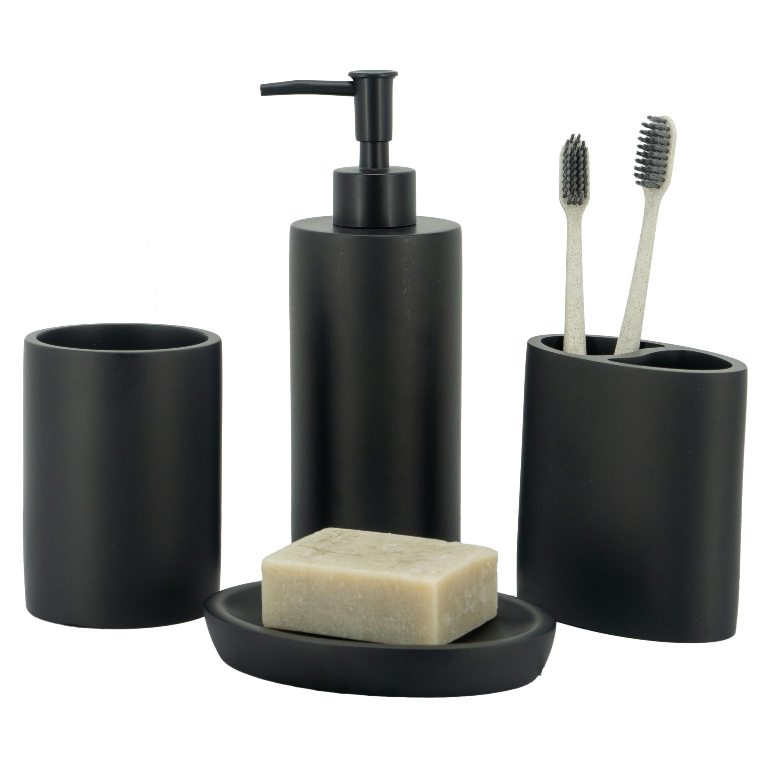 Zccz Black 4Pcs Bathroom Accessories Set, 4 Pieces, Marble Pattern, Bathroom Accessories Set With Soap Dispenser, Toothbrush Holder, Tumbler, Soap Dish