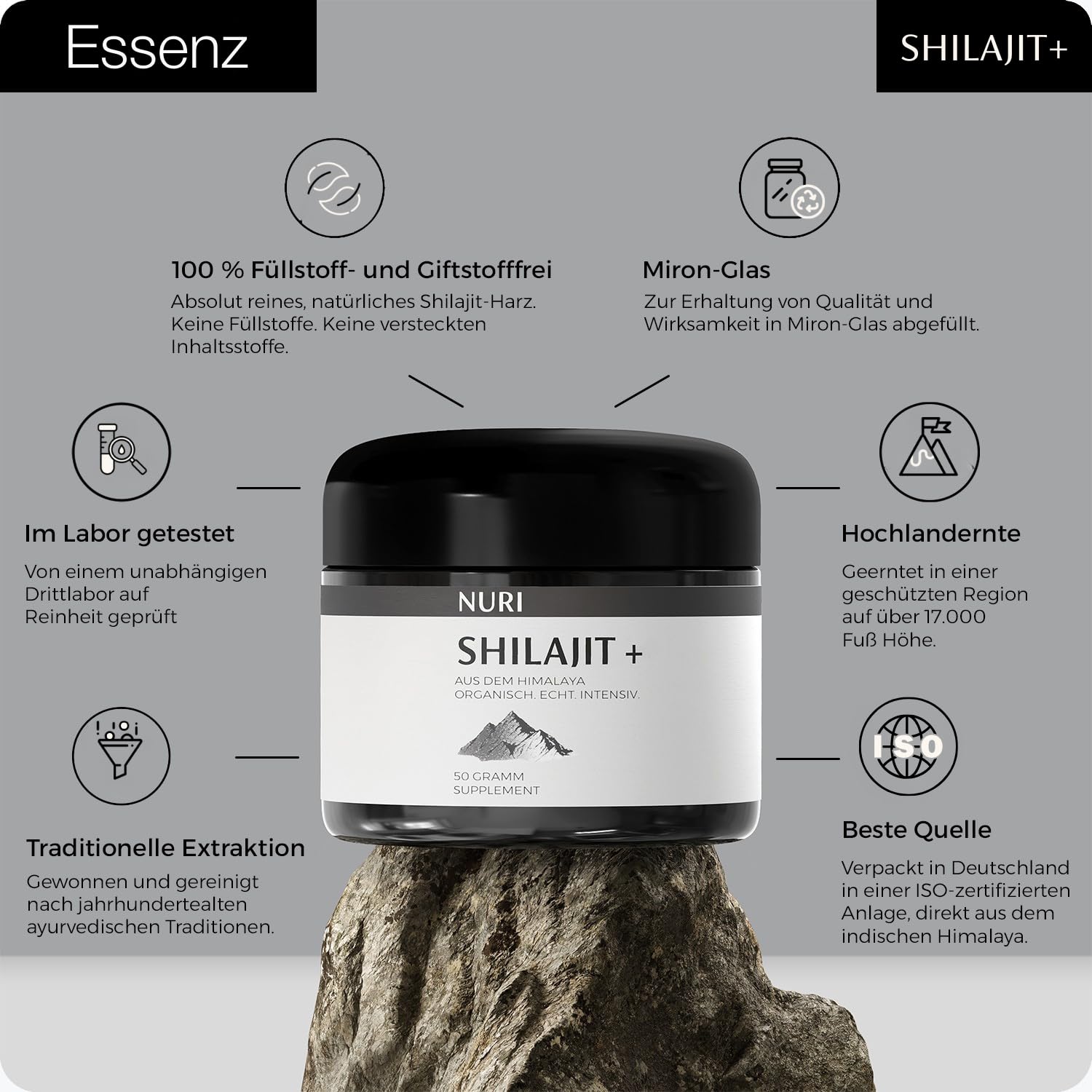 NURI Resina original Shilajit – 50 g de resina pura orgánica del Himalaya – 100 porciones – 89% ácido fúlvico – Vegano, probado en laboratorio y fabricado en Alemania