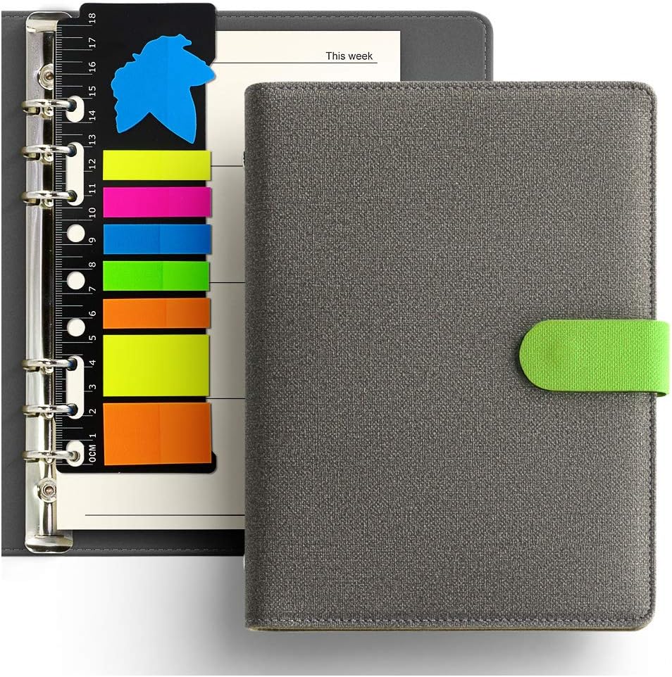 KKDragon Notebook A5 Hardback Notebook + Sticky Memo Notes + Week Plan and Ruled Lines Ivory White Colored Paper, 6 Hole Ring Binder Cloth Texture PU, Contrast Color Design, 80 Sheets/160 Pages