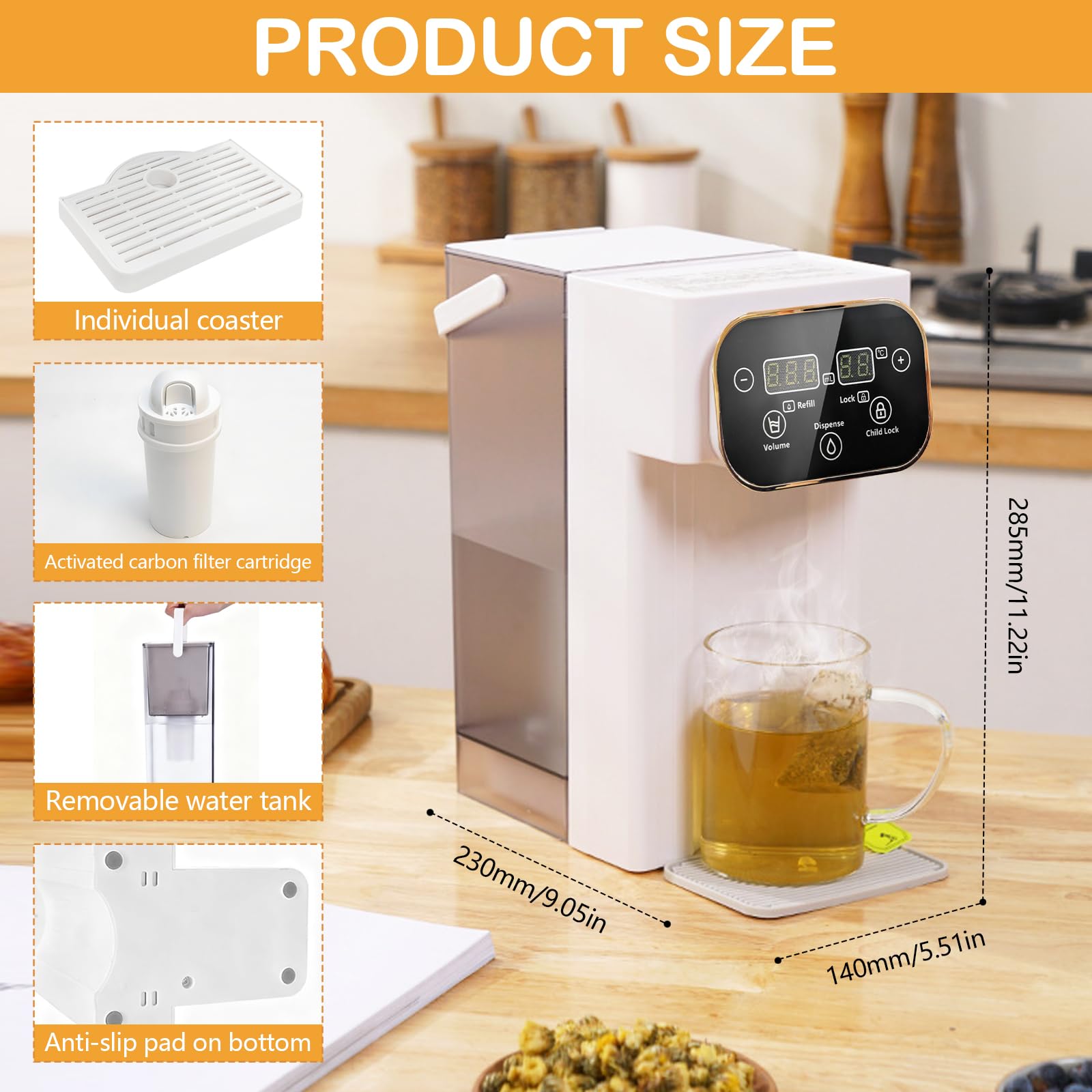 Distributeur d'Eau Chaude 3L Numérique Instantané écran Tactile LED 12 Réglages Température 8 Réglages Volume Filtre Charbon Actif