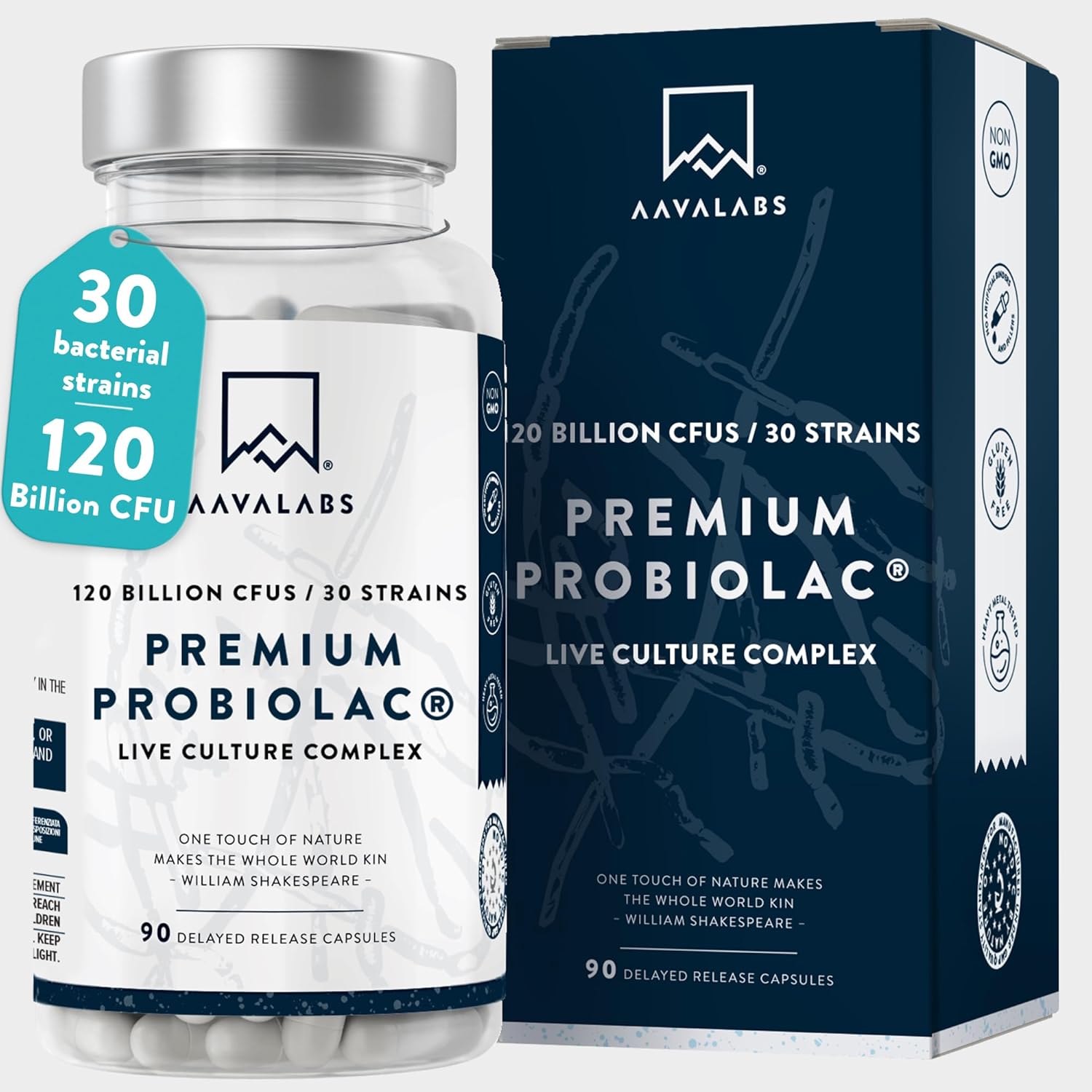 Bio Cultures Complex [ 120 Billion CFU ] 30x Bacterial Strains incl. Lactobacillus Acidophilus & Bifidobacterium per Serving – 90 Capsules – 3rd Party Tested