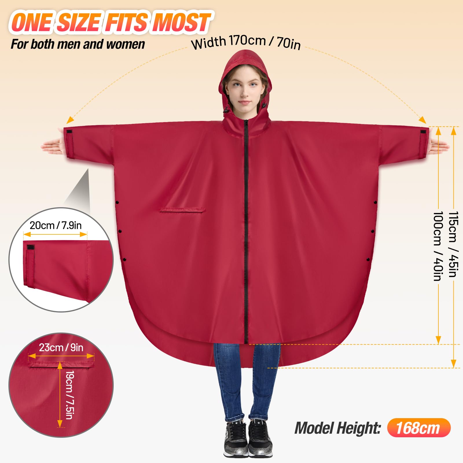 Poncho de pluie imperméable - Fermeture éclair - Capuche et manches - Veste de pluie longue - Randonnée, camping, extérieur