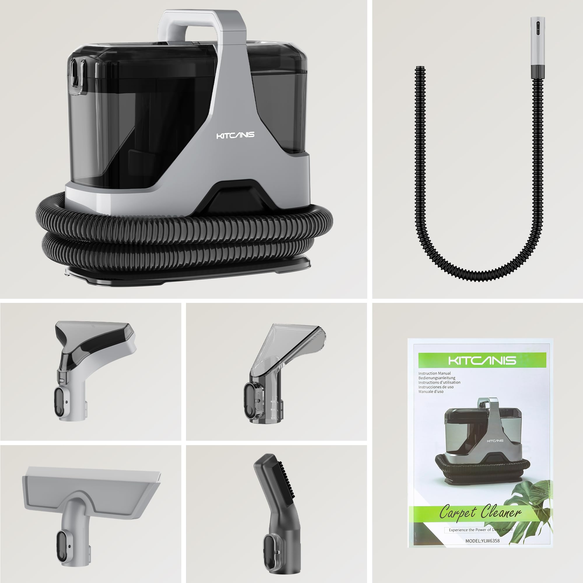 Kitcanis Lavatappeti 600W 78dB 15KPa Lava Tappezzeria con 4 Testine Intercambiabili, per Lavatappeti e Divani Lava e Asciuga, Auto, Moquette, Animali, Materassi e Altro