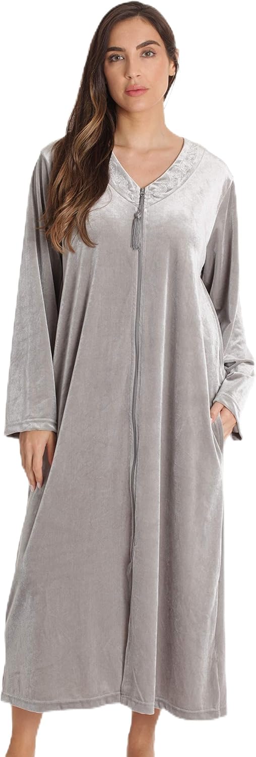 Just Love Stretch Velour Embroidered Zipper Lounger Robe for Women with Pockets