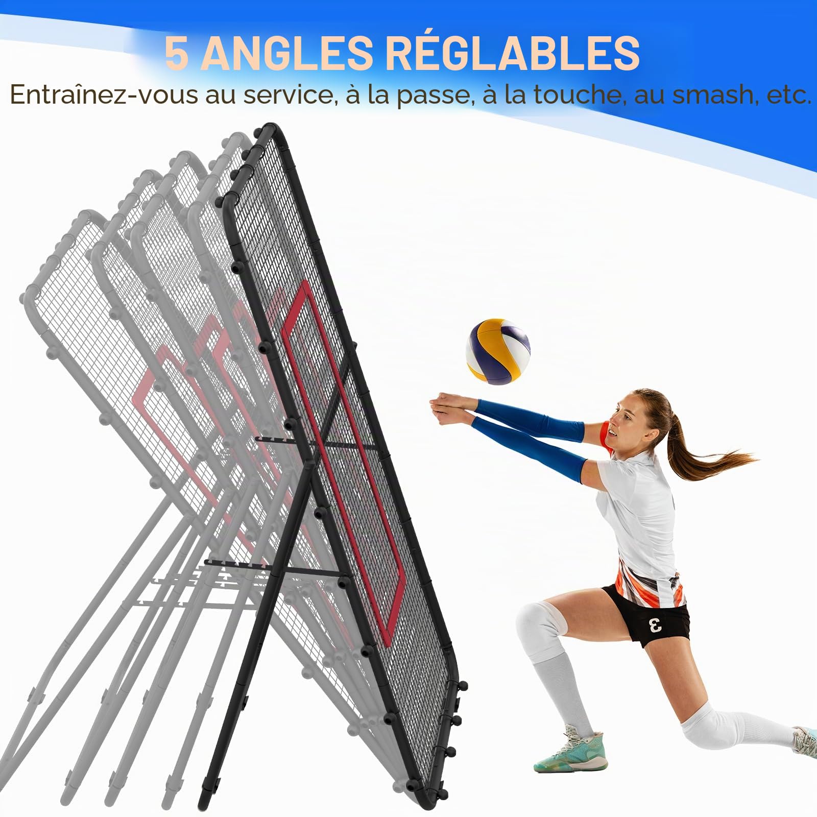 Filet de rebond de volleyball, réglable et portable de 2,1 x 1,2 m, équipement d'entraînement de football, cible de rebond de but de football pour enfants et adultes, filet pour entraînement de jeu et