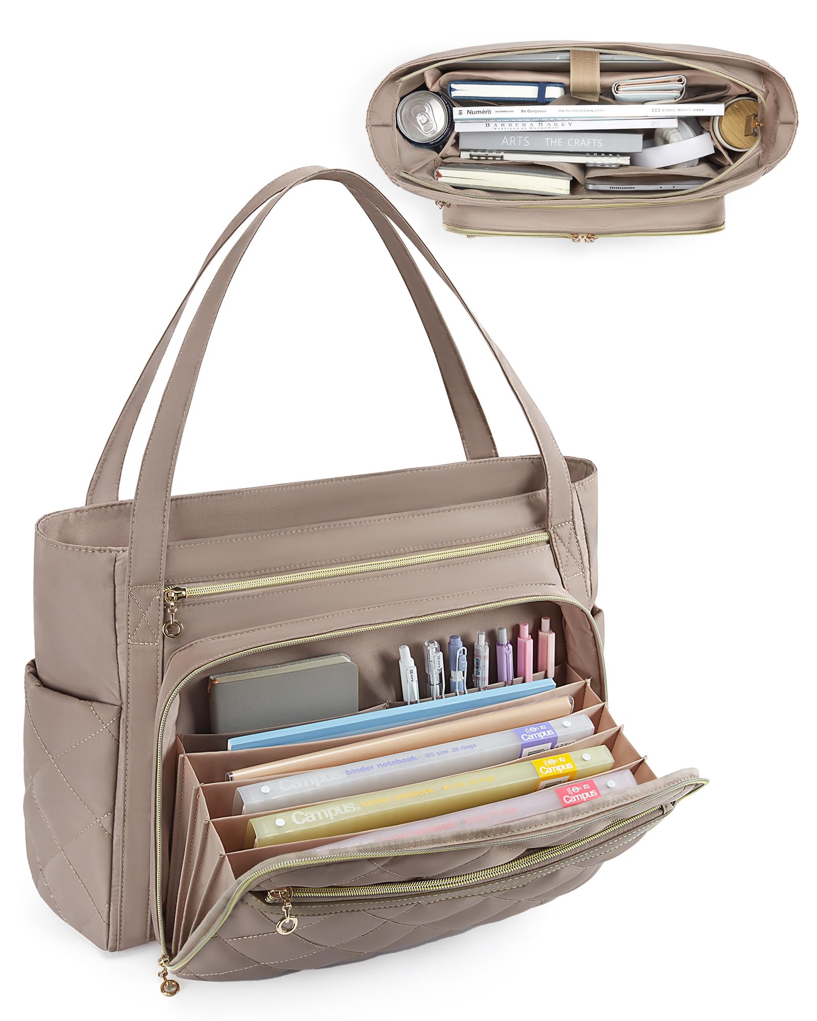 BAGSMART Teacher Tote Bag for Women 15.6in Quilted with Insulated Pocket & Nurse Bag Features (Brown)