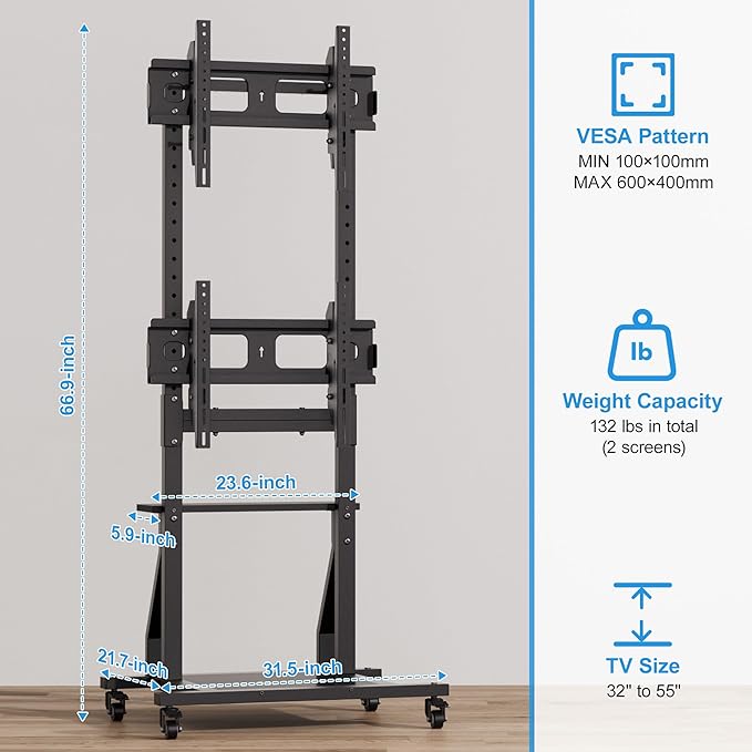 Soporte rodante para dos TV de 32 a 55 pulgadas, con estante y ruedas miniatura 2