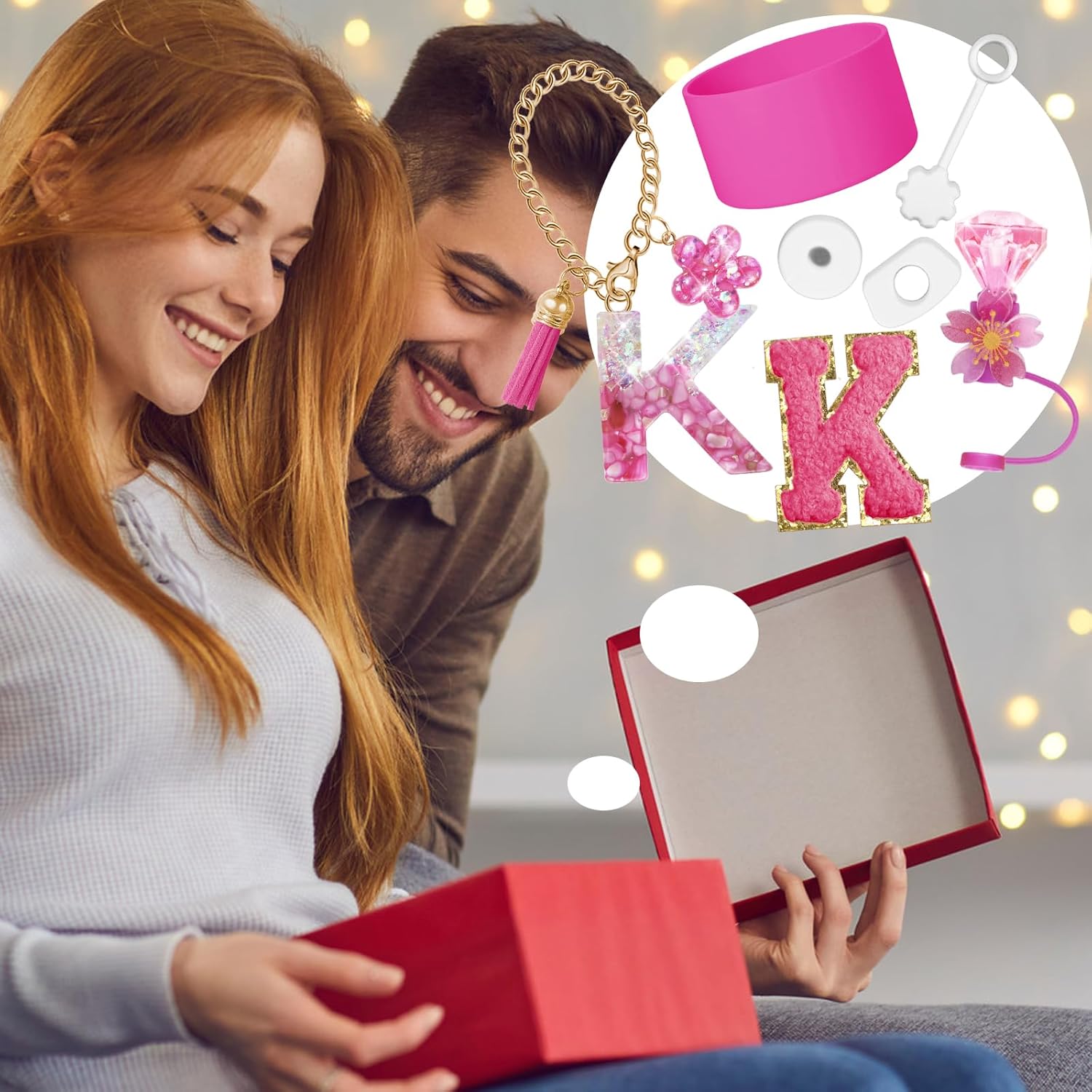 7PCS Stanley Cup Accessories Set for Stanley Cup 30oz 40oz Tumbler with Handle,Including Straw Topper Cover Cap and Boot,Spill Proof Stopper,Handle Charm,Initials Sticker (Rose pink K) - Image 7