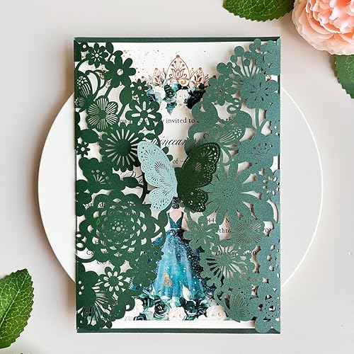 Hosmsua 5.12 x 7.3 pulgadas, 50 tarjetas de invitación de quinceañera de flora de encaje de color verde esmeralda personalizadas con invitaciones de