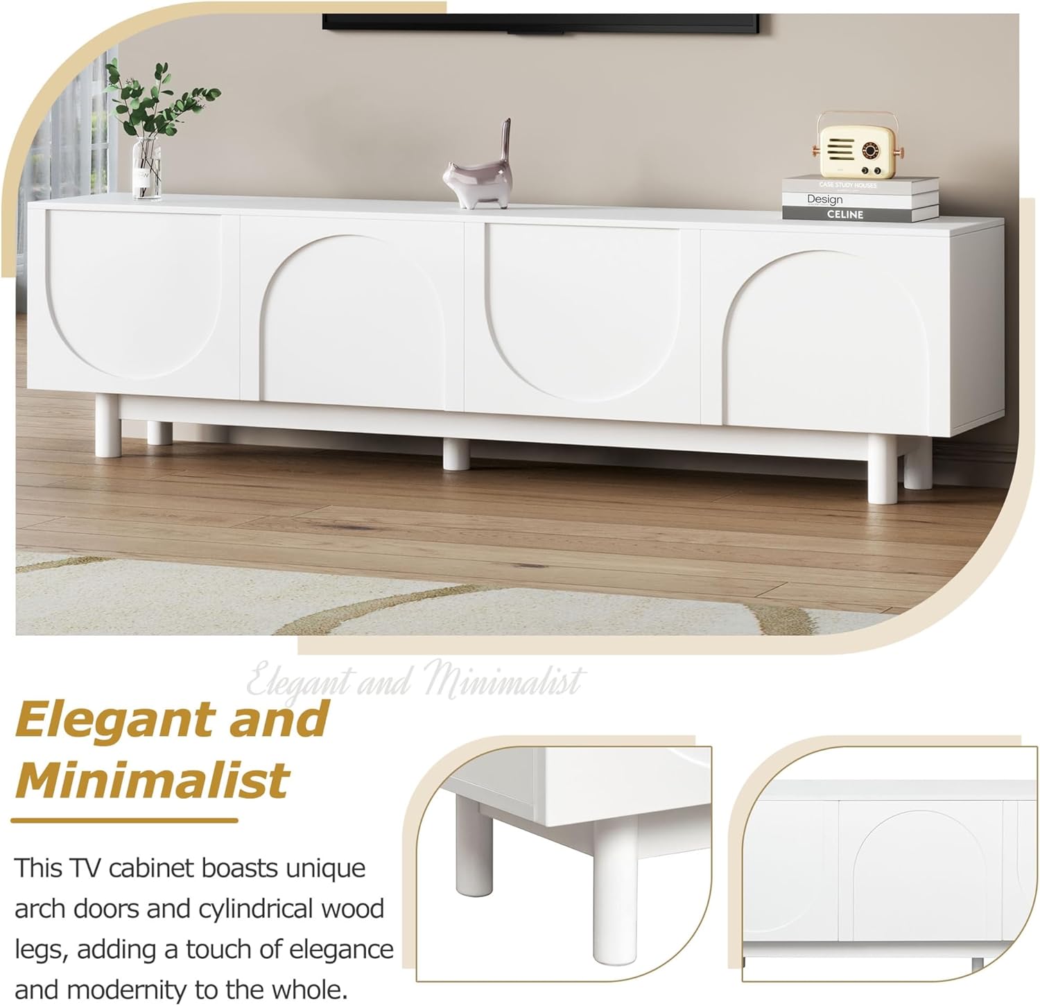 78" TV Stand Table with Arch Cabinets - Minimalist Entertainment Center in White Particle Board with Solid Wood Legs