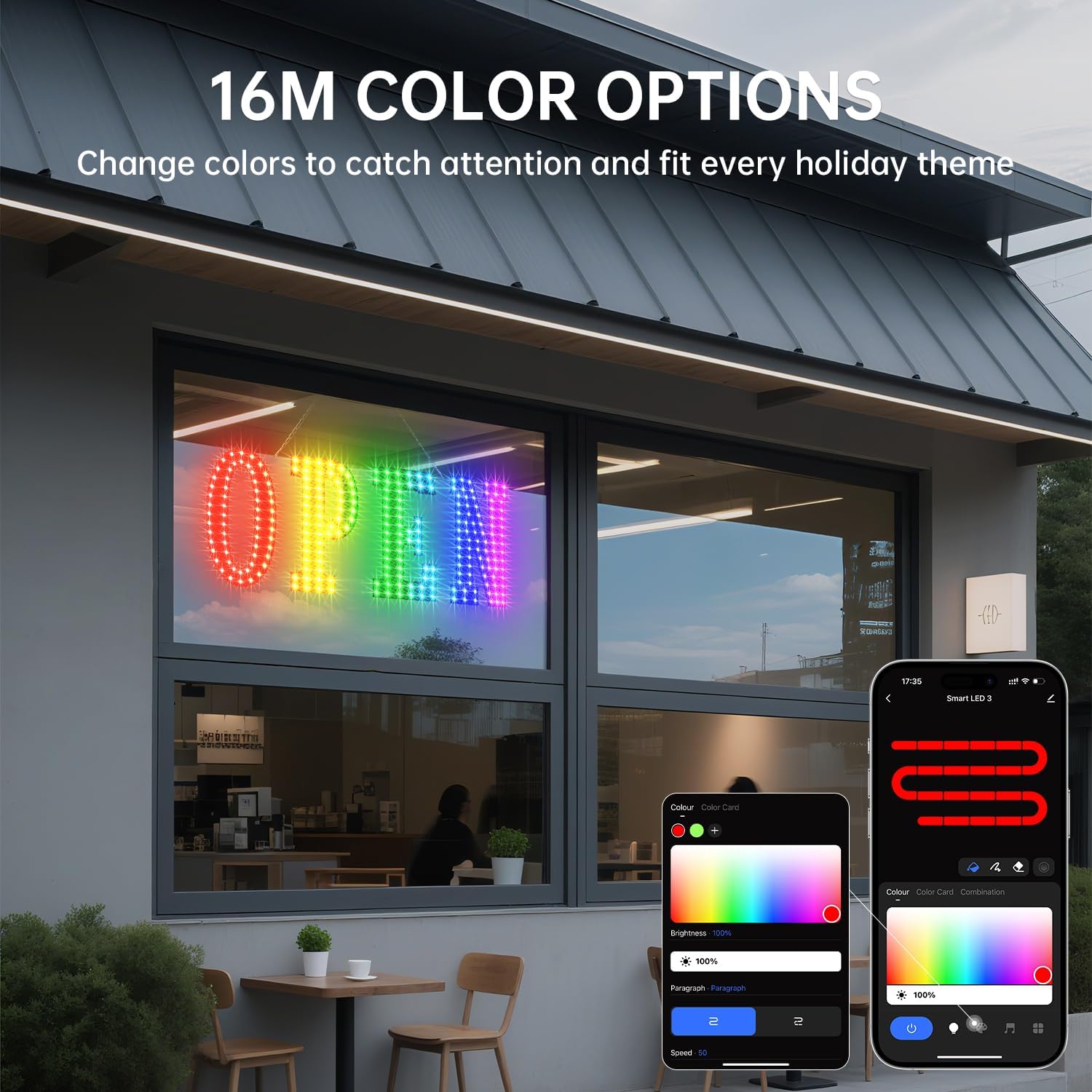 OPEN Sign for Business, 30" x 10" LED Open Sign with 16 Million Colors, APP & Remote Control, Timer, 14 Flashing Modes, Adjustable Brightness & Speed, for Storefront Window or Glass Door