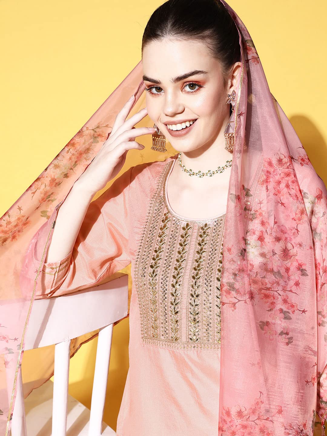 Ishin Women's Silk Blend Peach Yoke Design A-Line Kurta Trouser Dupatta Set