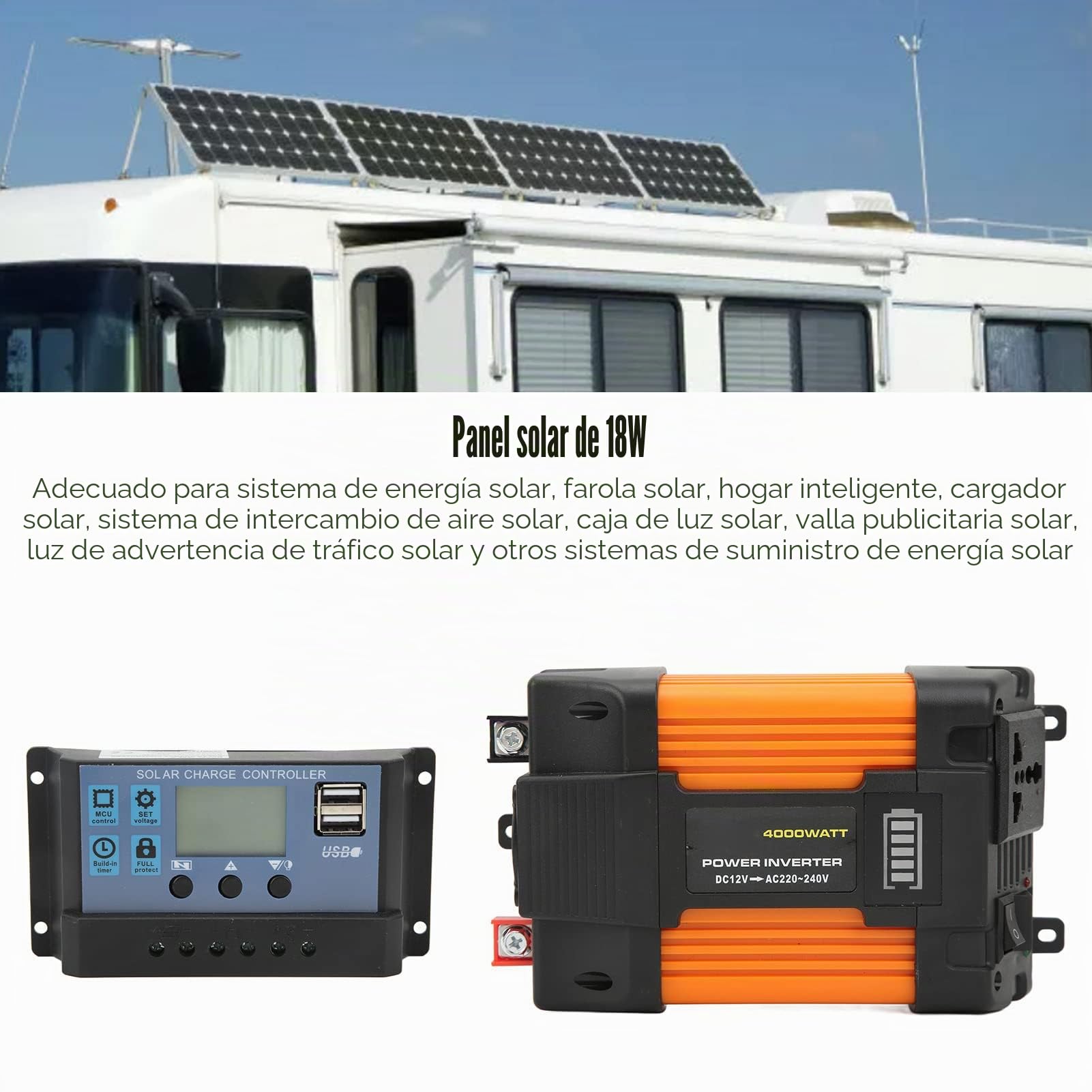 Alomejor Inversor de 4000 Vatios, Sistema de Energía Solar Portátil 30A 12V 24V Controlador de Carga Solar 18W 18V Kit de Panel Solar