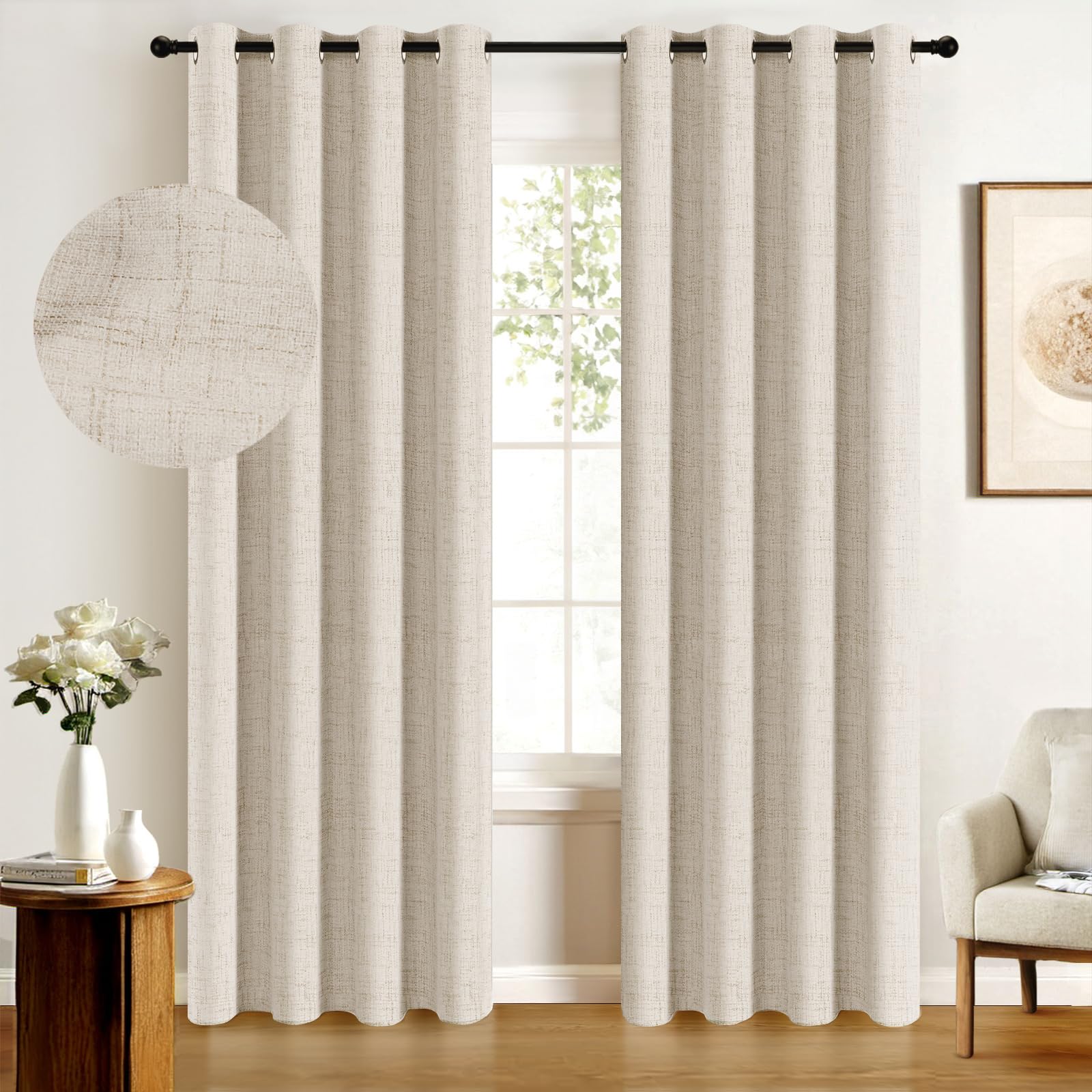 100% Blackout Shield Linen Blackout Curtains for Bedroom, Thermal Insulated Curtains 84 Inch Length 2 Panels Set, Grommet Drapes for Living Room, 50” W x 84” L, Butter Cream