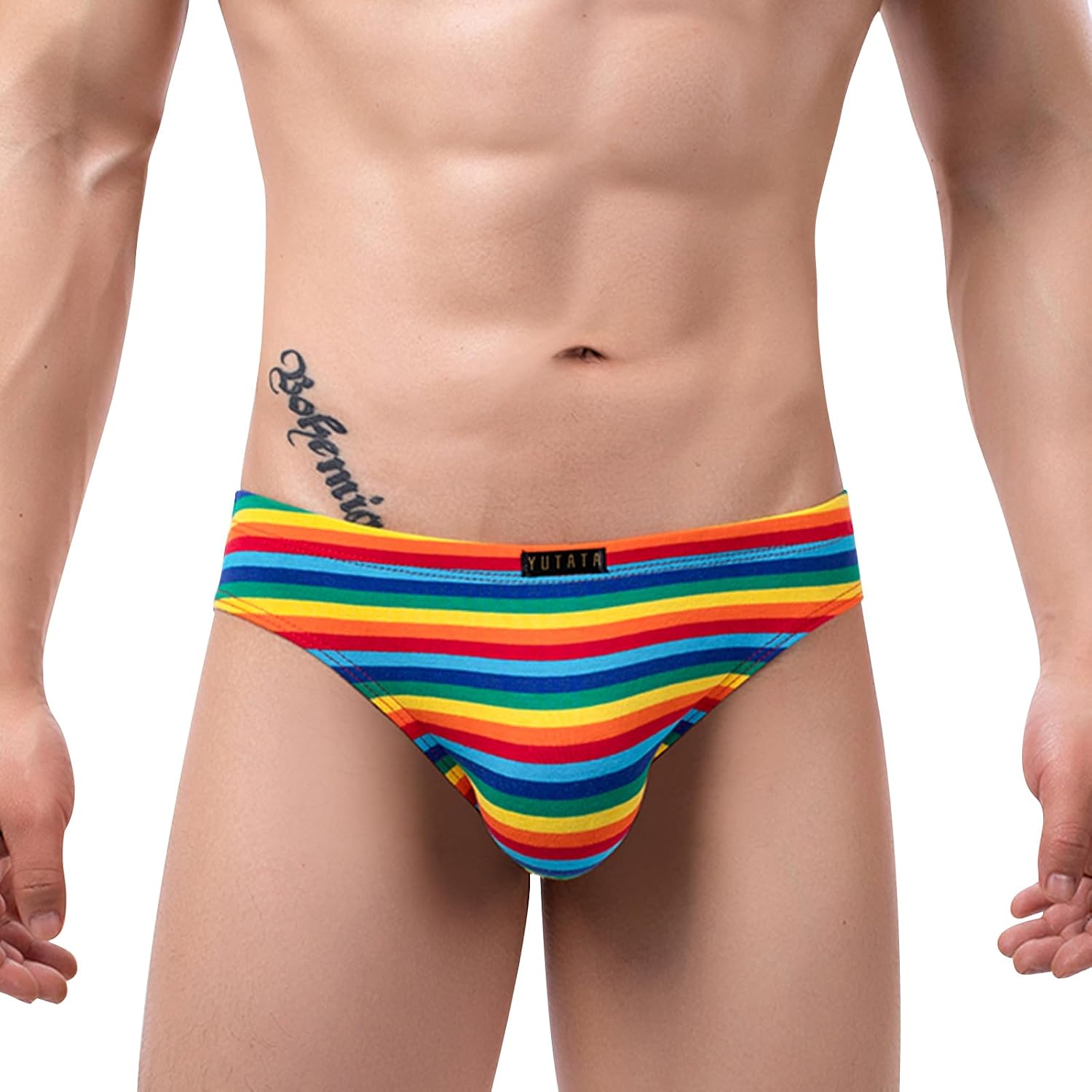 Mens Rainbow Briefs Metal Ring Sexy Underwear Striped Panties