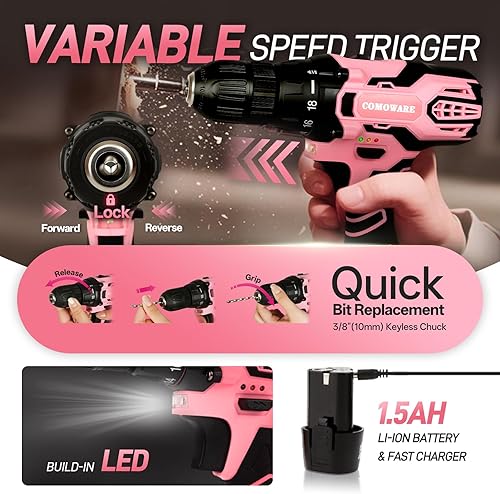 Miniatura 3 de COMOWARE Kit de herramientas para el hogar de taladro inalámbrico rosa de 12 V, juego de taladro rosa para mujeres, kit de herramientas de