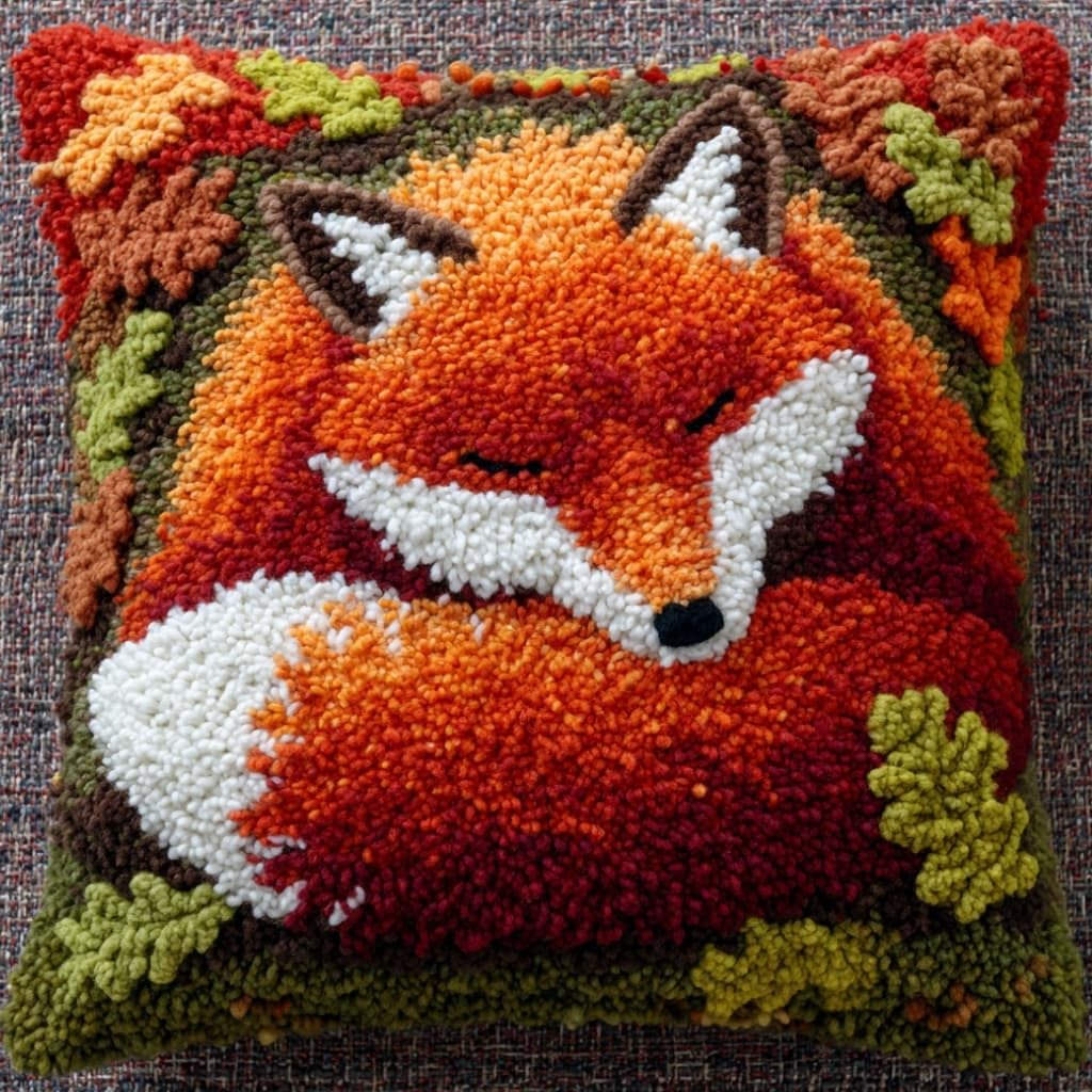 AxiangziK Latch Hook Pillow Kit for Adults,Red Fox 17X17In Latch Hook Kit for Pillow Cover with Instruction for Beginner Cross Stitch Sofa Cushion Cover with Crochet Yarn for Beginners and Home Decor
