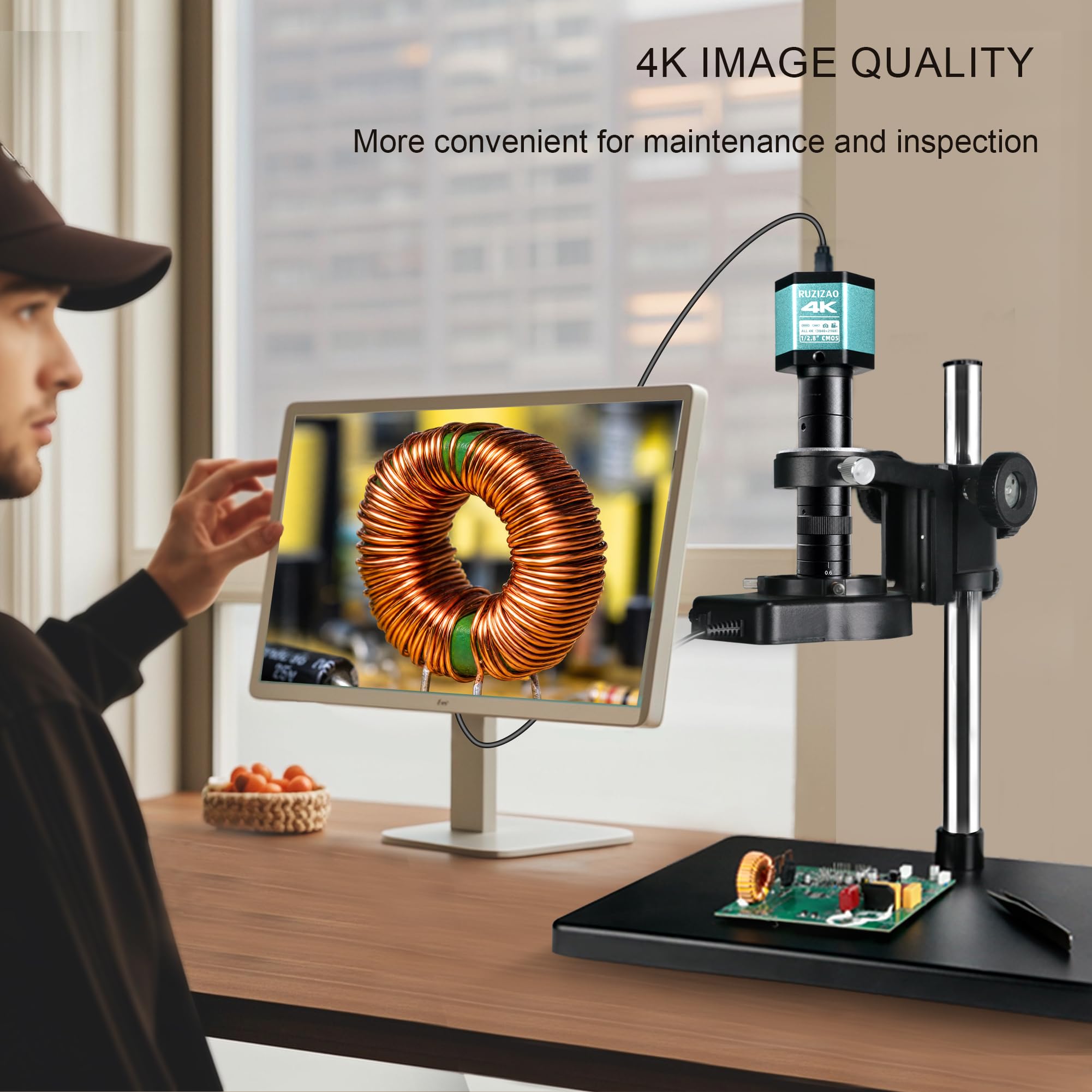 Mikroskop cyfrowy, 48 MP, 4K, 1080p, przemysłowy mikroskop z dużą podstawą, obiektyw typu C/HDMI 300X HD, 56 regulowanych świateł pierścieniowych, spawania, mikroskop do naprawy elektroniki