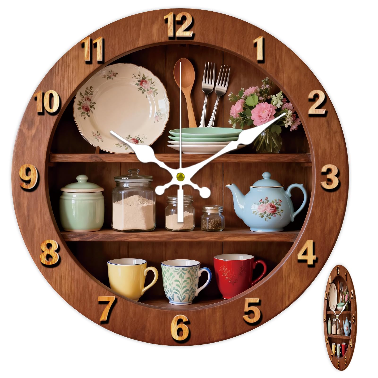 CONCHLERY 12 Inch Rustic Kitchen Pattern Round Wall Clock Silent Non Ticking Decorative Clock, for Home Living Room Bedroom Kitchen Office Decor