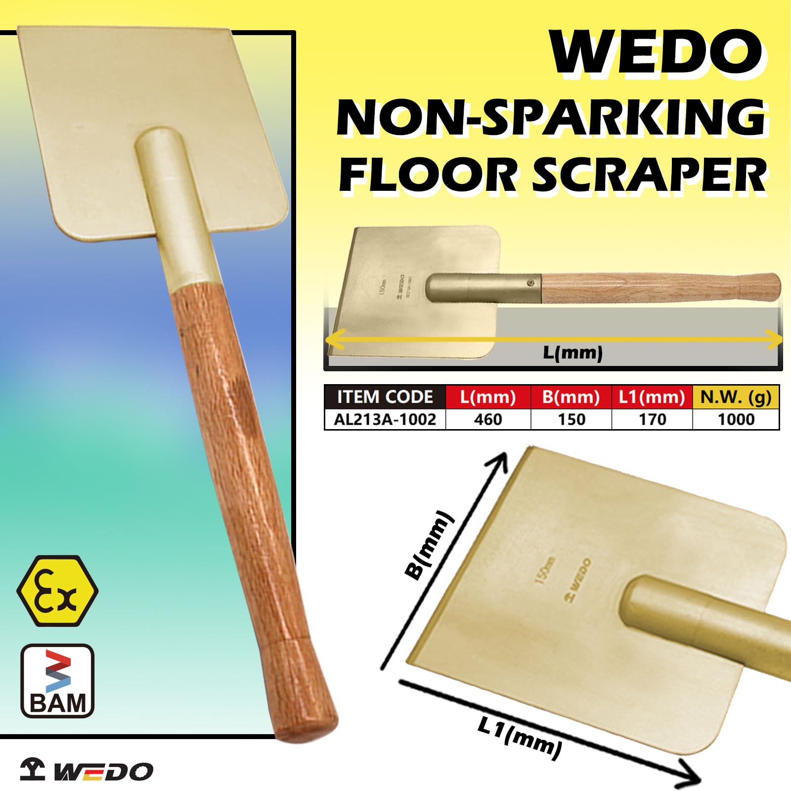WEDO Espátula sin chispas,Raspador de suelo de 150 x 170 mm, Longitud 460 mm,Rascador de masilla de bronce de aluminio,Certificado BAM/FM