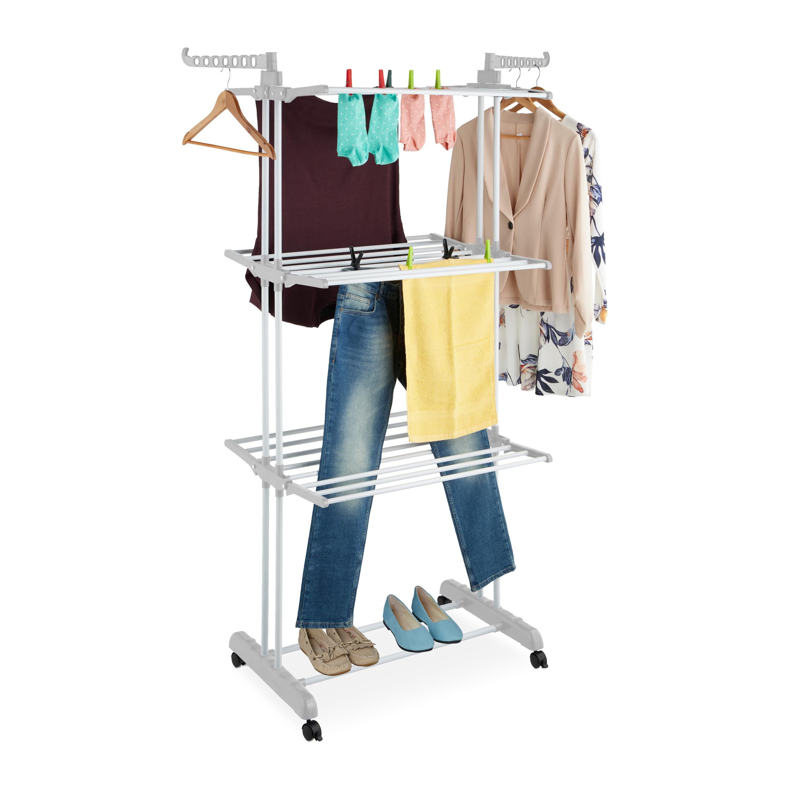 Relaxdays Clothes Airer, Vertical, Laundry Drying Rack, Foldable Wings, HWD: 179x126x63.5 cm, Metal, with Wheels, White
