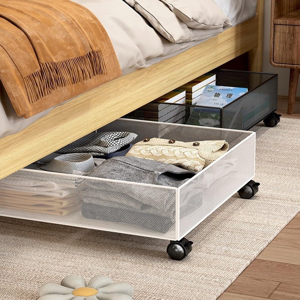 Caja de almacenamiento de metal debajo de la cama con ruedas, organizador de gran capacidad de 60 x 40 x 17 cm con bordes elevados de 12 cm para ropa, zapatos, libros, negro (negro)