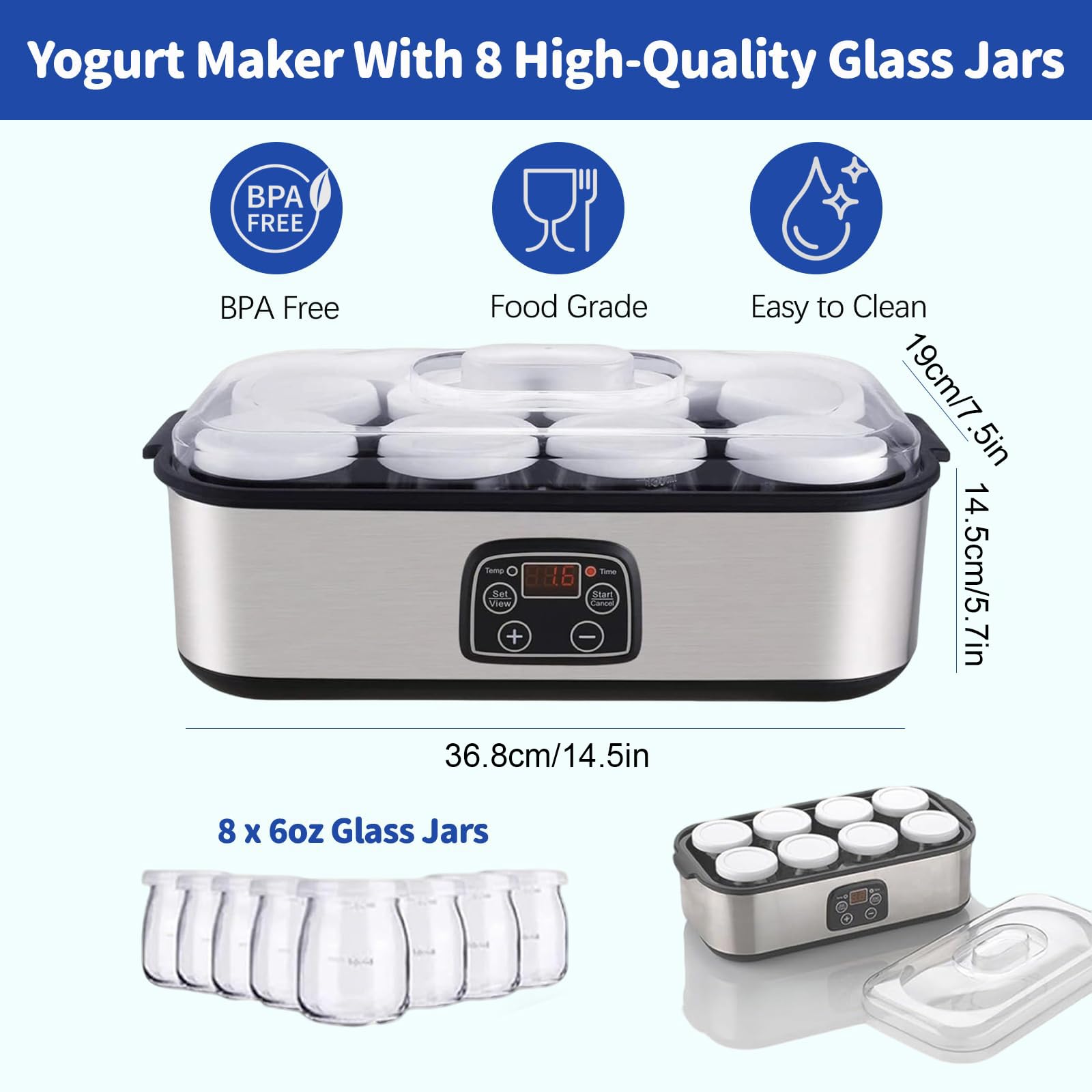 Yogurtera Eléctrica con 8 Tarros De Vidrio | Temporizador ajustable y temperatura precisa para preparar yogur orgánico, natto y postres caseros saludables
