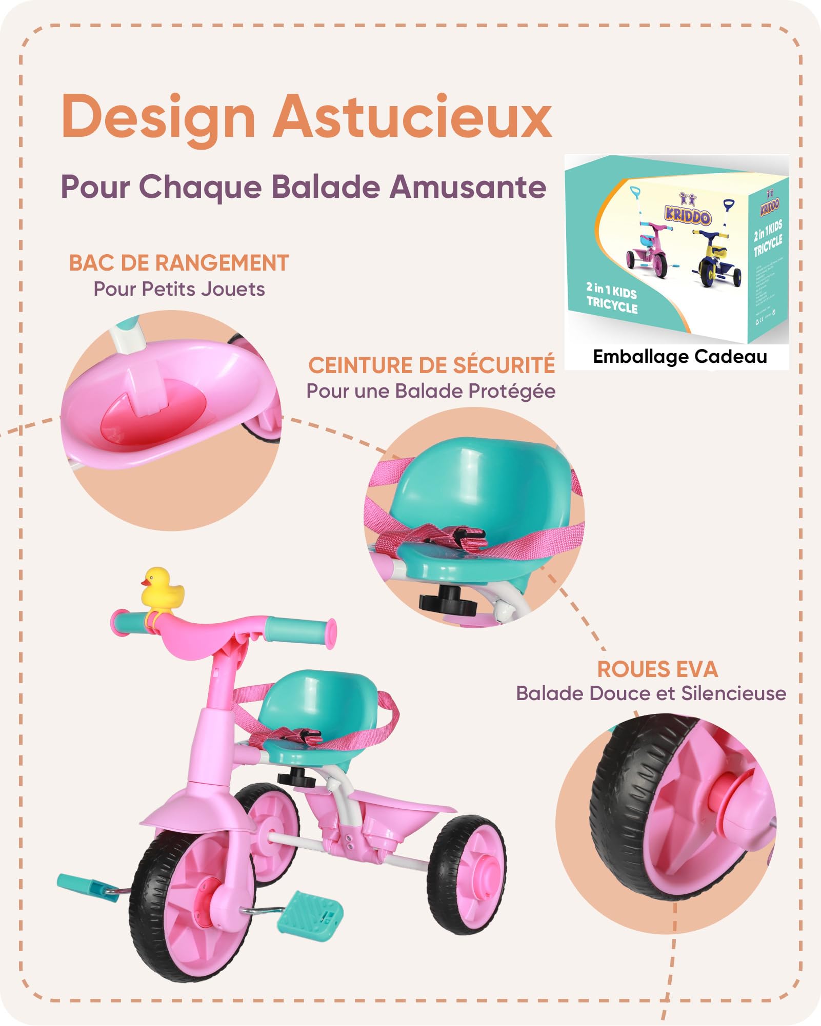 KRIDDO Tricycle 2 en 1 pour Enfants de 18 Mois à 3 Ans, Roues EVA, Cadeau avec Poignée de Poussée et Klaxon en Forme de Canard, Vélo Draisienne, Rose
