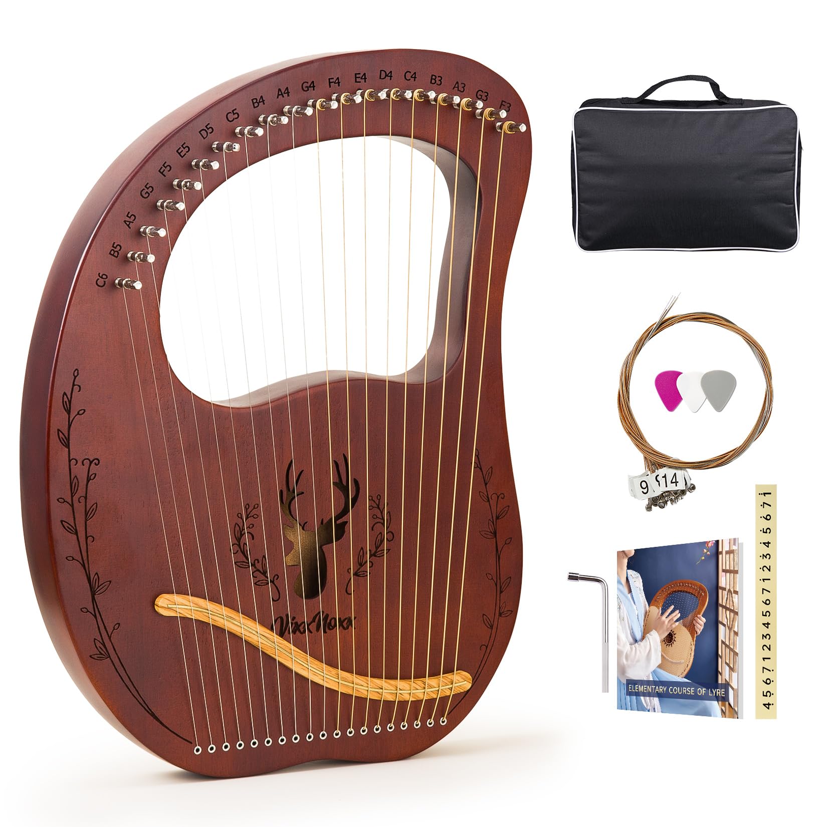 Lyre Harp, 19 Metal Strings Mahogany Lyra Harp Stringed Musical Instruments with Tuning Wrench, Spare String Set, Manual Book