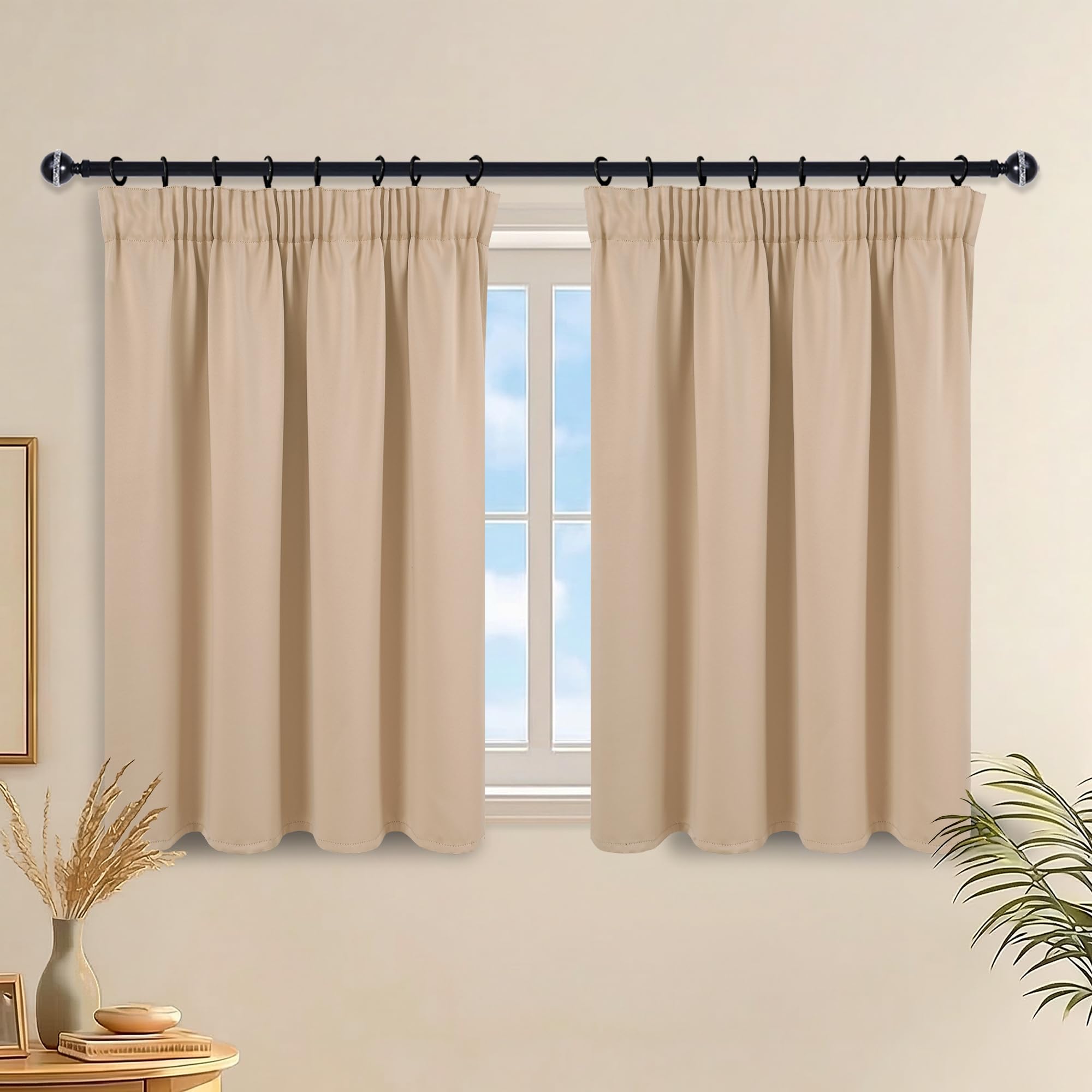 DWCN Pencil Pleat Thermal Blackout Curtains Beige Drapes W36 X L40 Inch-Light Blocking Window Treatments Decoration for Bedroom, Basements, Caravan, Kitchen, Elegant Short Valance Panels 2 Panels โ image 1
