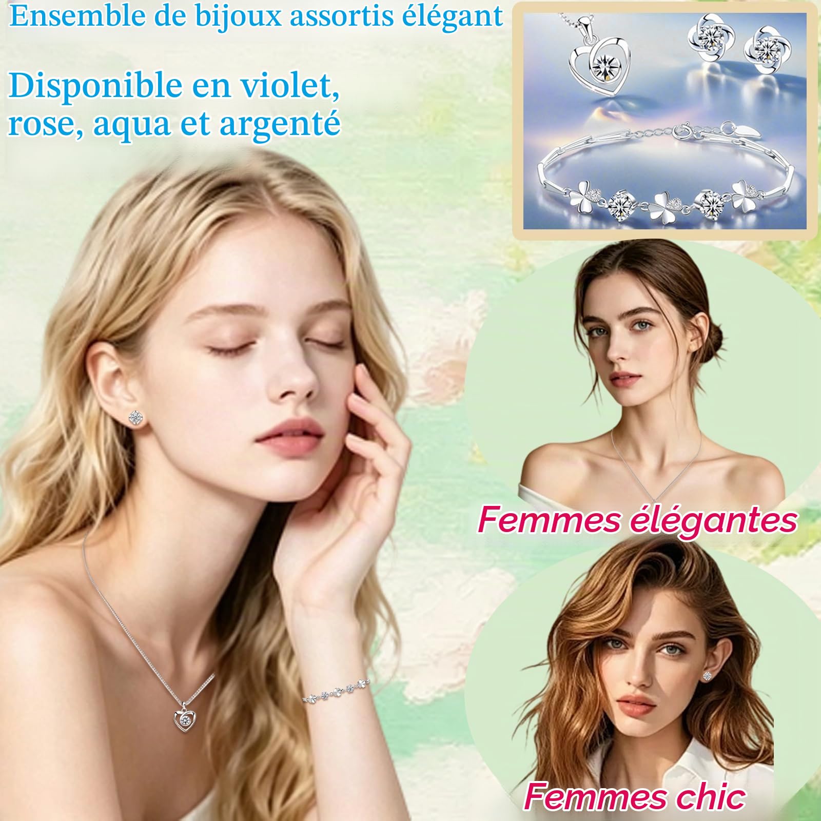 Parure Femme Argent Fin 925, Ensemble de Boucles d'oreilles Bracelet en Forme de Trèfle Collier de Coeur avec Zircon Cubique Blanc, Clous Chaîne Pendentif Hypoallergénique pour Femme Fille