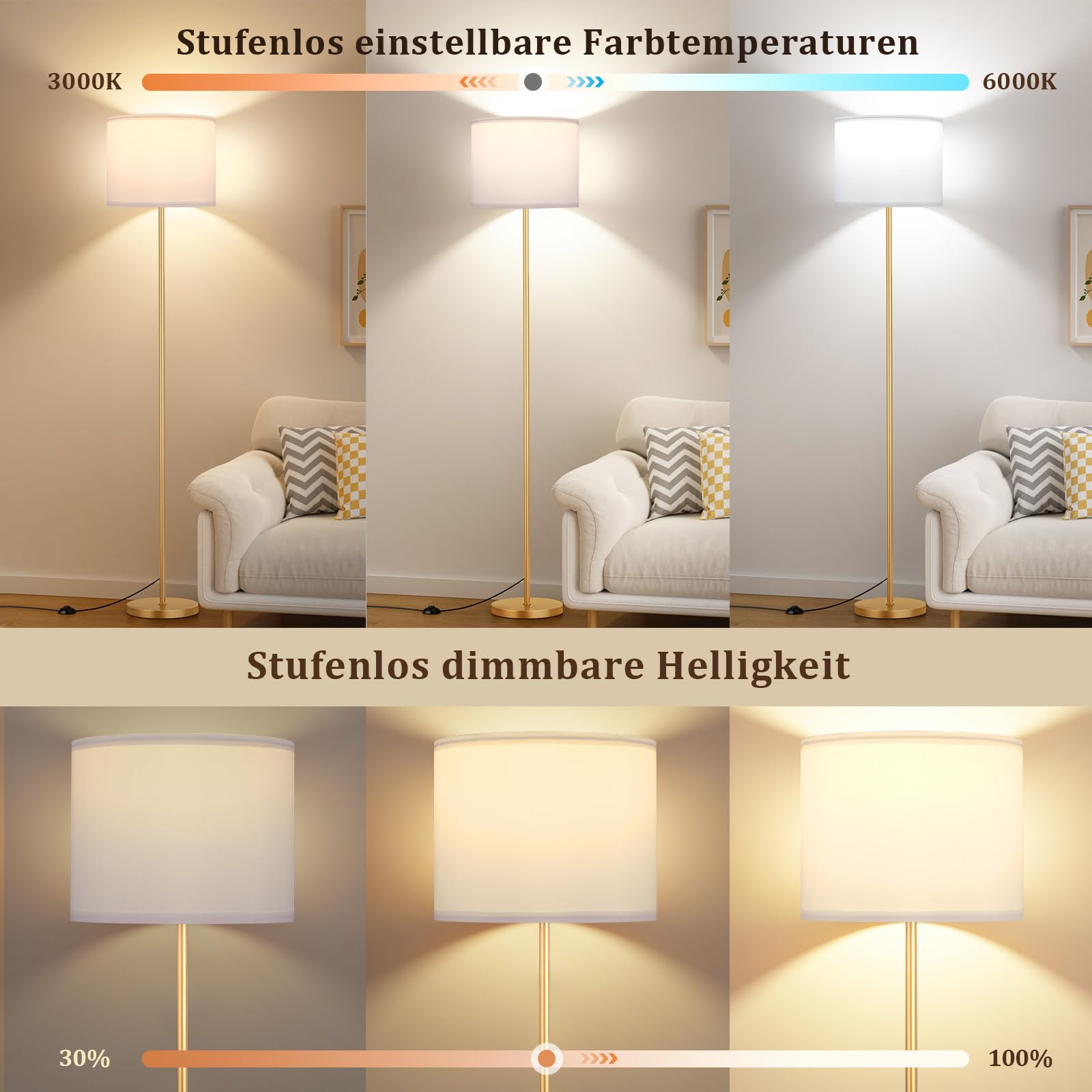 Goldene Stehlampe dimmbar mit Fernbedienung, 5-Stufen Lichtfarbe 3000-6000K
