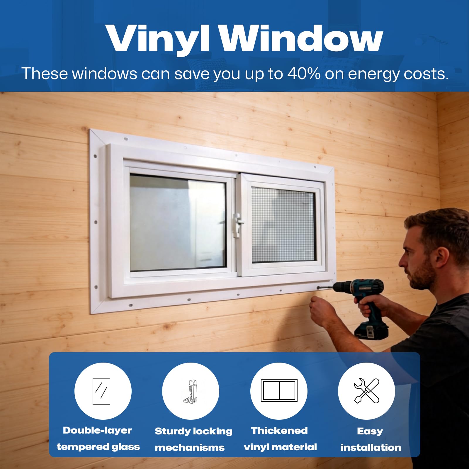 Yuzzy Finestra in vinile da 61 cm x 30,5 cm, con doppio pannello isolato in vetro temperato e schermo in fibra di vetro, finestre scorrevoli resistenti per cantina, bagno, garage, capannone, casa