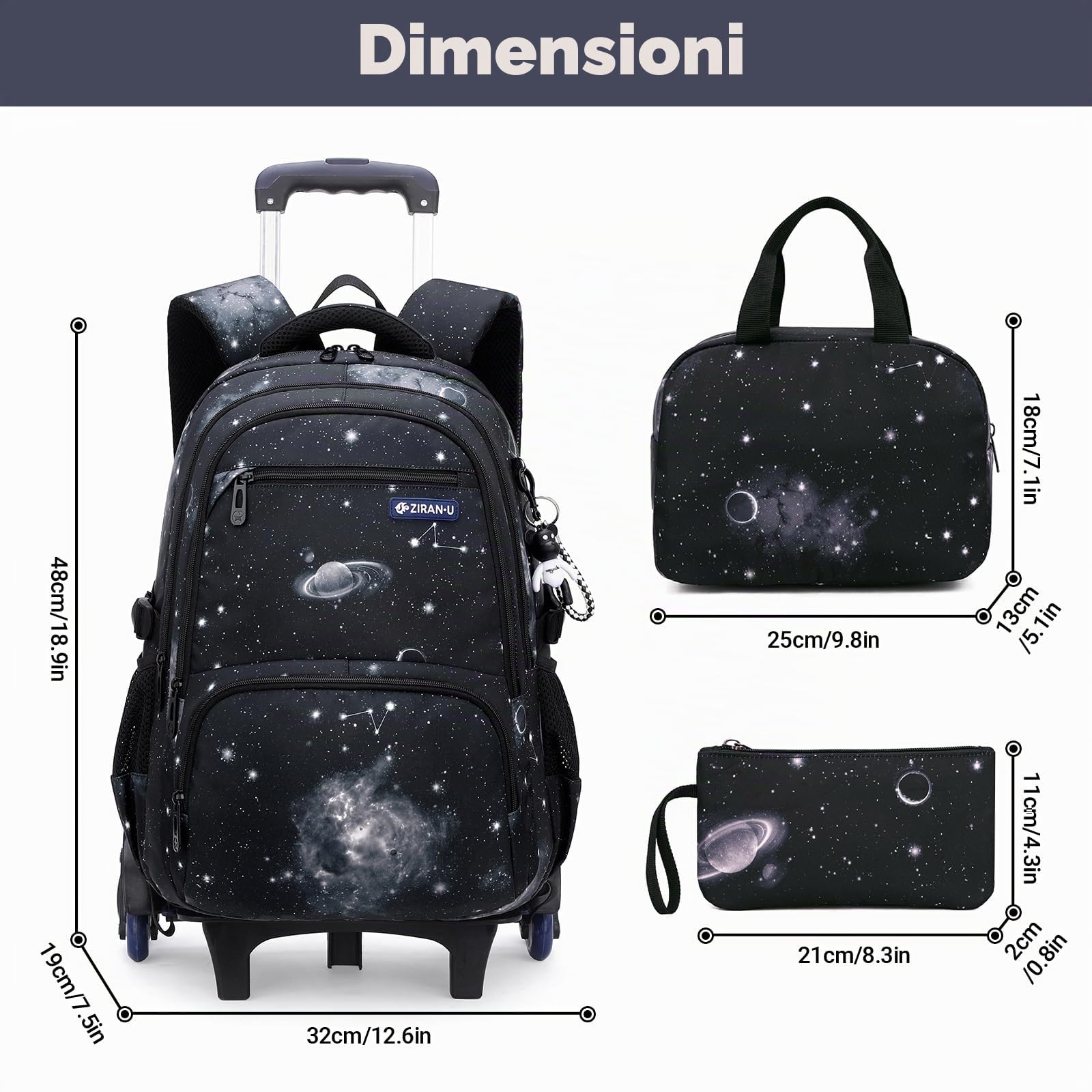 Amythe Zaino Trolley Set da 3 pezzi per Ragazzi, Zaini Scuola Elementare Media Superiore con Borsa Pranzo Borsa per Penna, Zainetto Bambini con Ruote Valigie, 32x19x48cm, Nero
