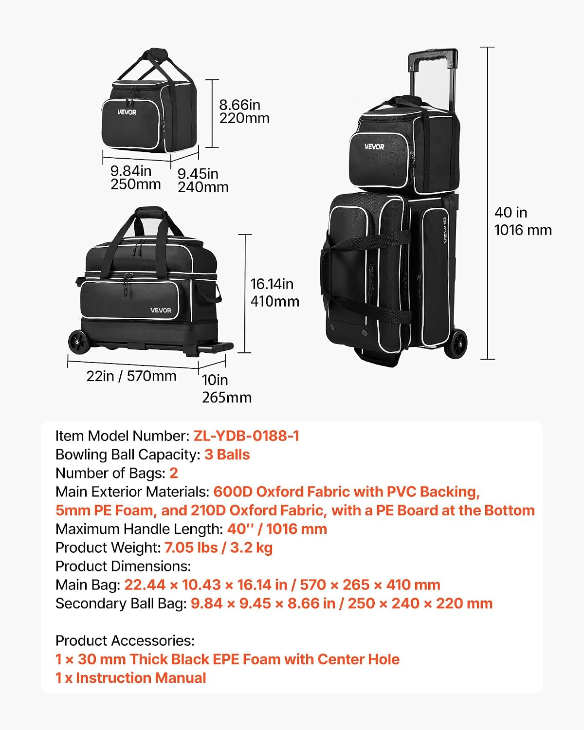 VEVOR 3 Ball Bowling Bag Double Roller Bag with Separate Shoe Compartment | for Bowling Shoes (Up To US Men Size 16), Rolling Ball Bag w/ Wheel, Accessory Pocket, Retractable Handle Extends to 40 in