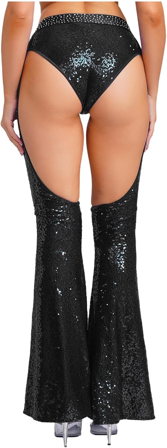 iiniim Womens Sequins Shiny Hollow Out Flared Pants 70s 80s Disco Party Dance Trousers Bell Bottom Chaps