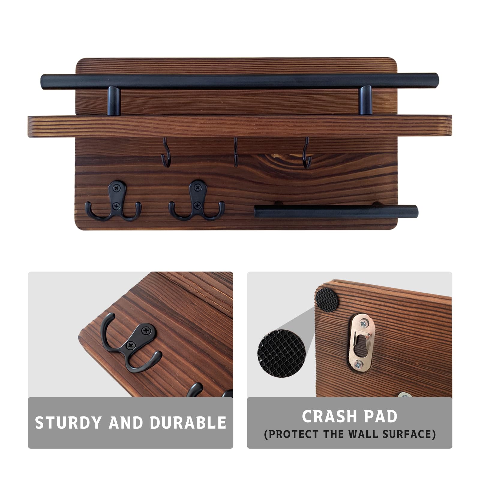 BusonQueen Key and Mail Holder Wall Mount,Wooden Key Rack and Mail Organizer with 5 Key Hooks and Sunglass Storage for Entryway Office Home Decor