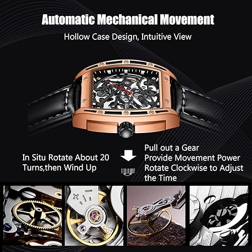 Miniatura 3 de RORIOS Reloj de esqueleto automático para hombre, reloj mecánico automático con correa de cuero, reloj luminoso Tonneau reloj de viento automático,