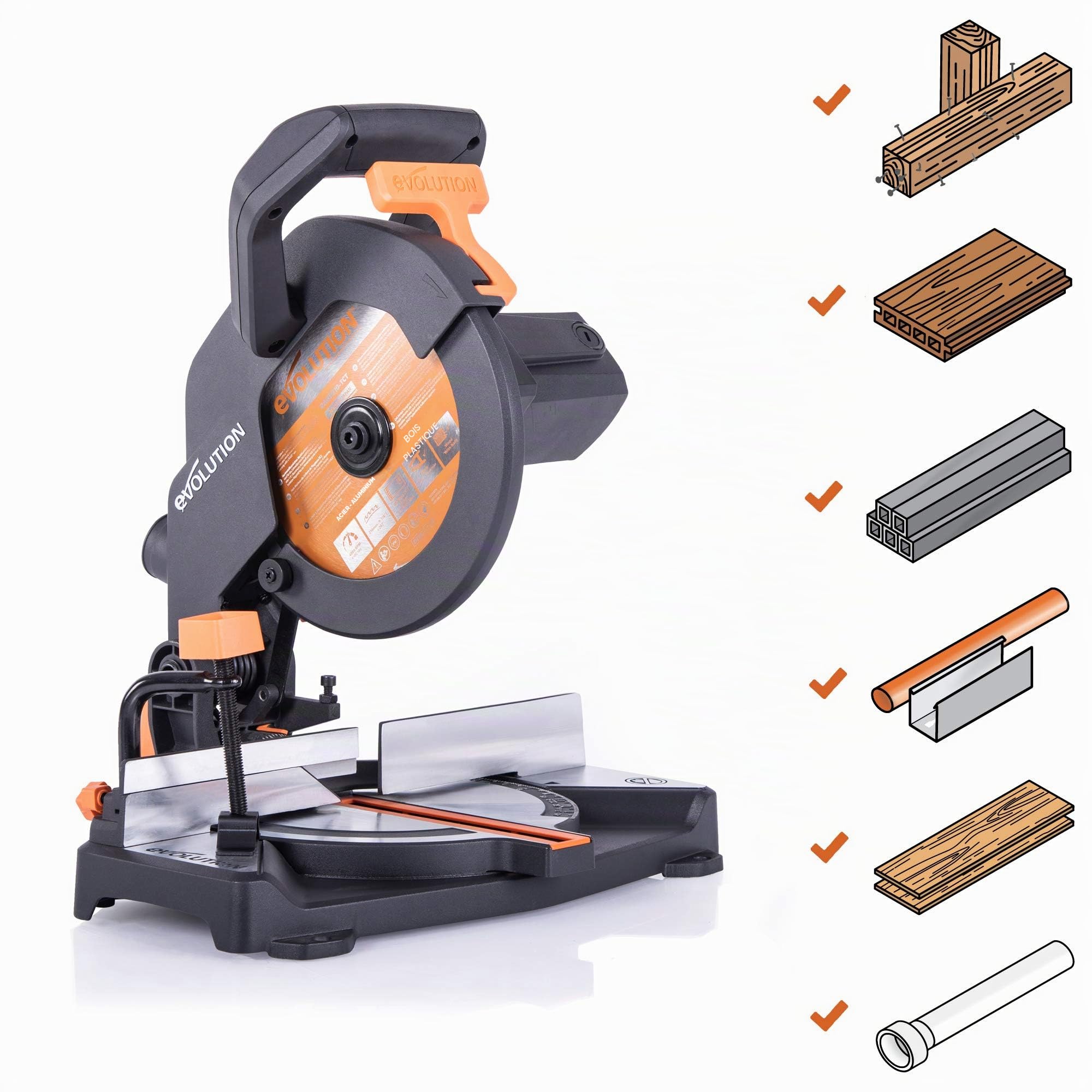 Evolution Power Tools Scie à Onglet Compacte 1200W 210mm Coupe Multi-Matériaux Lame TCT Incluse 45° Angle Onglet et Biseau R210CMS