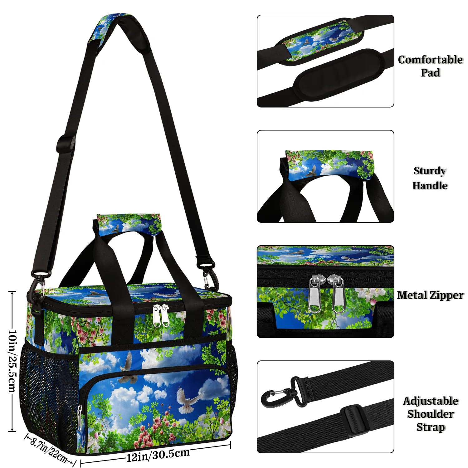 Grand sac à déjeuner isotherme pour adultes, hommes, femmes, enfants, filles, garçons, motif fleurs de cerisier, pigeon, plante printanière, sac isotherme pour le travail, le pique-nique, le barbecue