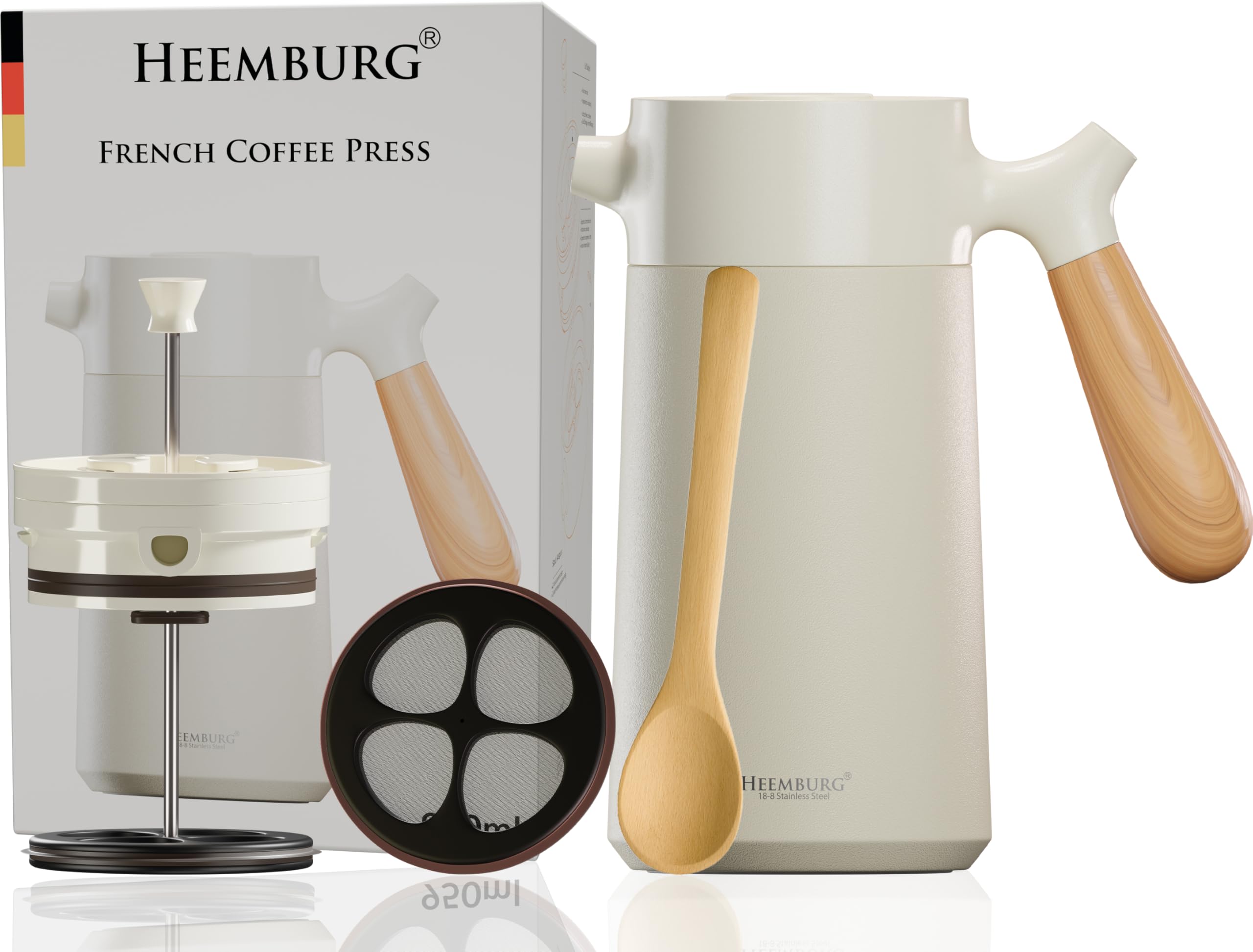 HEEMBURG Thermo French Press 1L (8 Tassen) | Premium Edelstahl Kaffeepresse & Teebereiter | 6h Doppelwandige Isolierung | inkl. Ersatzfilter & Bambuslöffel Geschenkset | Zuhause, Büro & Camping – Weiß