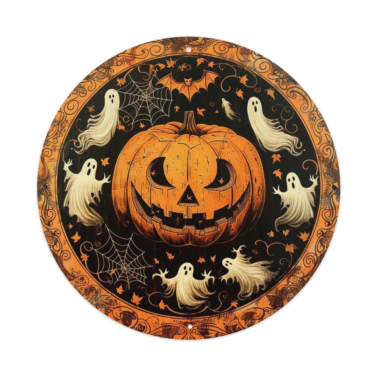 Halloween Pumpkin Ghost Spiderweb Pattern Tin Sign Metal Poster Vintage Metal Signs for Home Man Cave Bar Cafe Kitchen laundry room Wall Decorations 8x8 inches