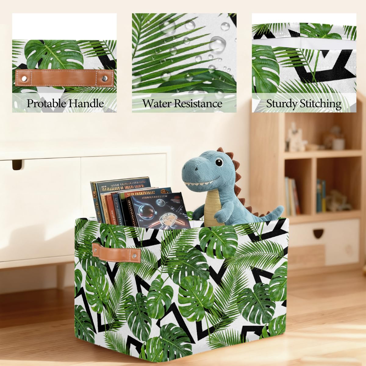 Rechteckiger Aufbewahrungskorb mit Ledergriffen, moderner Kunst-Stil, Palmenblätter, 2 Stück, faltbarer Stoff-Aufbewahrungskorb für Schrank, Badezimmer, Wohnzimmer, Büro, Spielzeug, Organizer