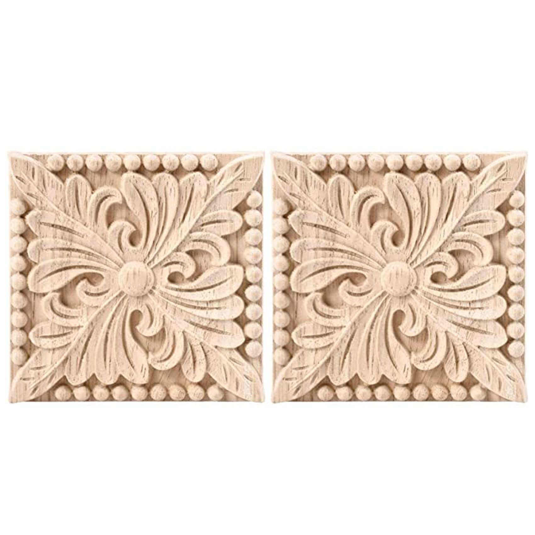 Oewwthy 2 Pack Wood Carved Applique Onlay Square Carving Decal Unpainted Flower Door Cabinet Furniture Decoration 3.94X3.94inch