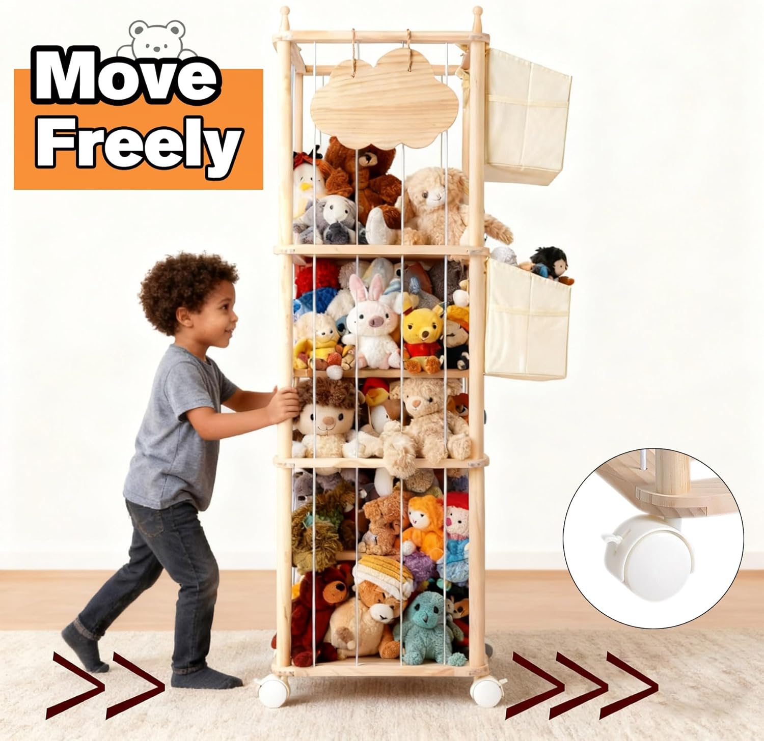 Stuffed Animal Storage & Organizer, with 2-Piece Large Detachable Toy Storage Bags, Wooden Tall Zoo Toys Storage with Wheels for Kids Playroom Kidroom Bedroom, Easy Assemble, 53 Inch